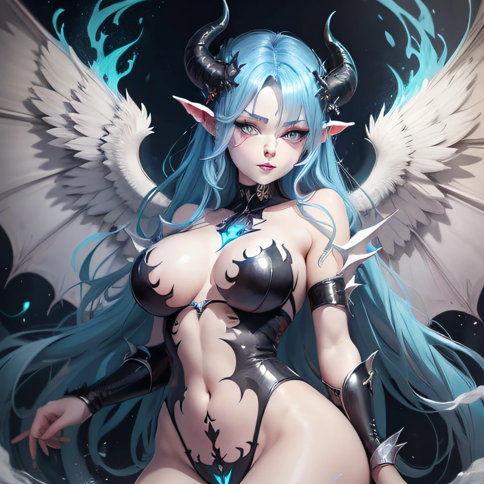 A demon woman, with horns, white angle wings floating between heaven and hell, big breasts and ass, beautiful and extraordinarily detailed eyes, cartoon style, anime style, with blue hair, digital drawing, colored background, sexual expression.