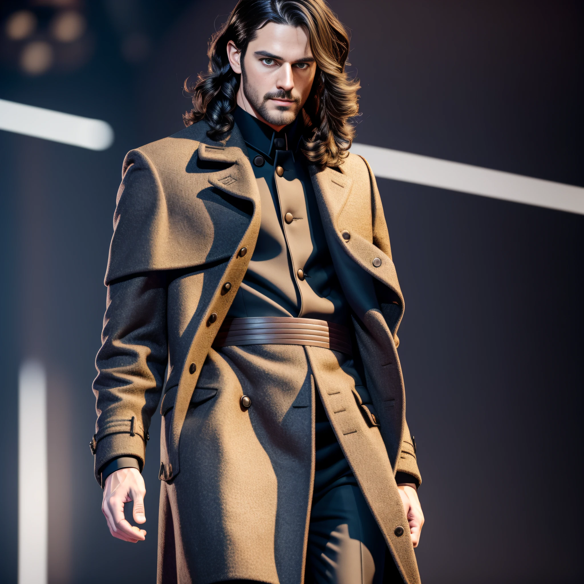 intricate details, Fujifilm XT3, full body shot, Jack has a tough and wild charm, Jaack from GAC has wavy shoulder length long black hair, waved black hair, perfect body, perfect longer legs, perfect face, bearded face, tanned skin, perfect eyes, perfect fingers, blackfly sunglasses, photo of a Jack the GAC walking down a runway wearing a Chic coat, Armani Men’s collection, chic coat, full body portrait, issey miyake, inspired by Alexander Mann, junya watanabe, inspired by Salomon van Abbé, fall-winter 2015-2016, vivienne westwood, yohji yamamoto, by Alexander Mann, jean paul gaultier, masterpieces, photo realistic, high resolution, sharp focus, very detailed, Nikon D850 Film, Lens, Porter 400 1.6, rich colors, ultra-realistic textures, spectacular, bright, sharp focus, dramatic and photorealistic, blunt bangs, wavy hair, hair pulled back, blunt bangs, hyperdetailed, high detail, cinematic lighting, drop shadow, film grain, Fujicolor, high quality, masterpiece, UHD, masterpiece, masterpiece, textured skin, super detail, high details, high quality, best quality, highres, HD, 8k