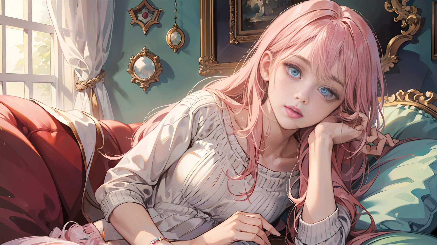 High resolution, highest quality, illustration, super detailed, (detailed face), (detailed eyes), soft lighting, best quality, hazy light, dreamy atmosphere, super detailed, masterpiece, 1 girl, solo, long pink hair, white T-shirt, skirt, knitwear, bright eyes, middle chest, (coloured), high-end room, sofa, red wine --auto --s2