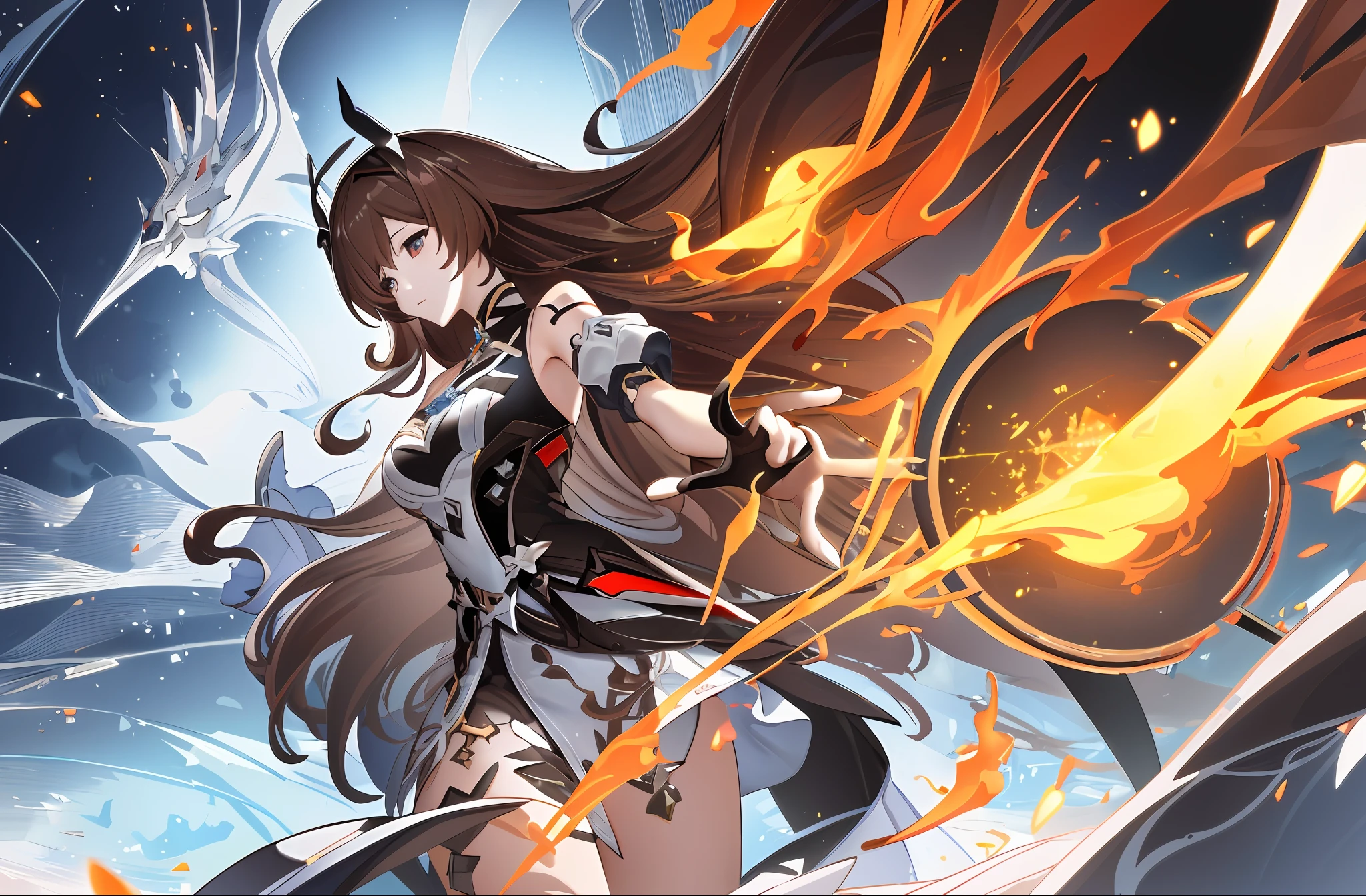 (Ultra-high-quality, best illustration, masterpiece), Sushang from Honkai Impact 3rd, beautiful and elegant, dynamic pose and angle, flowing hair, bright eyes, (1girl), (embodied: Honkai Impact 3rd), (embodied: divnine key), (embodied: flames), (embodied: futuristic technology), (embodied: the beauty and power of a warrior, (long brown hair)