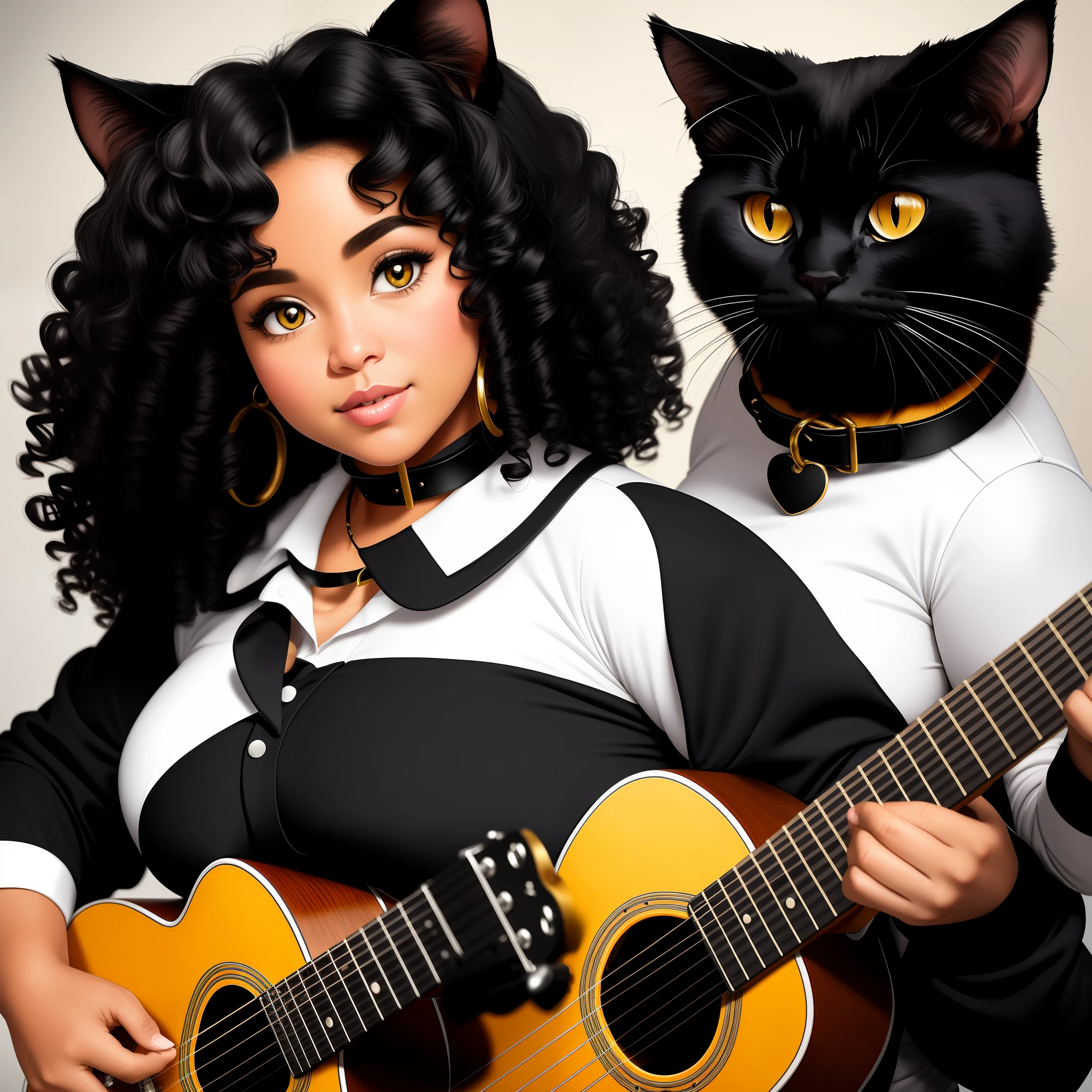 Black curly with hair pinned, busts bulging, big cheeks, bright eyes, with a collar around her neck and playing the guitar and with a black cat