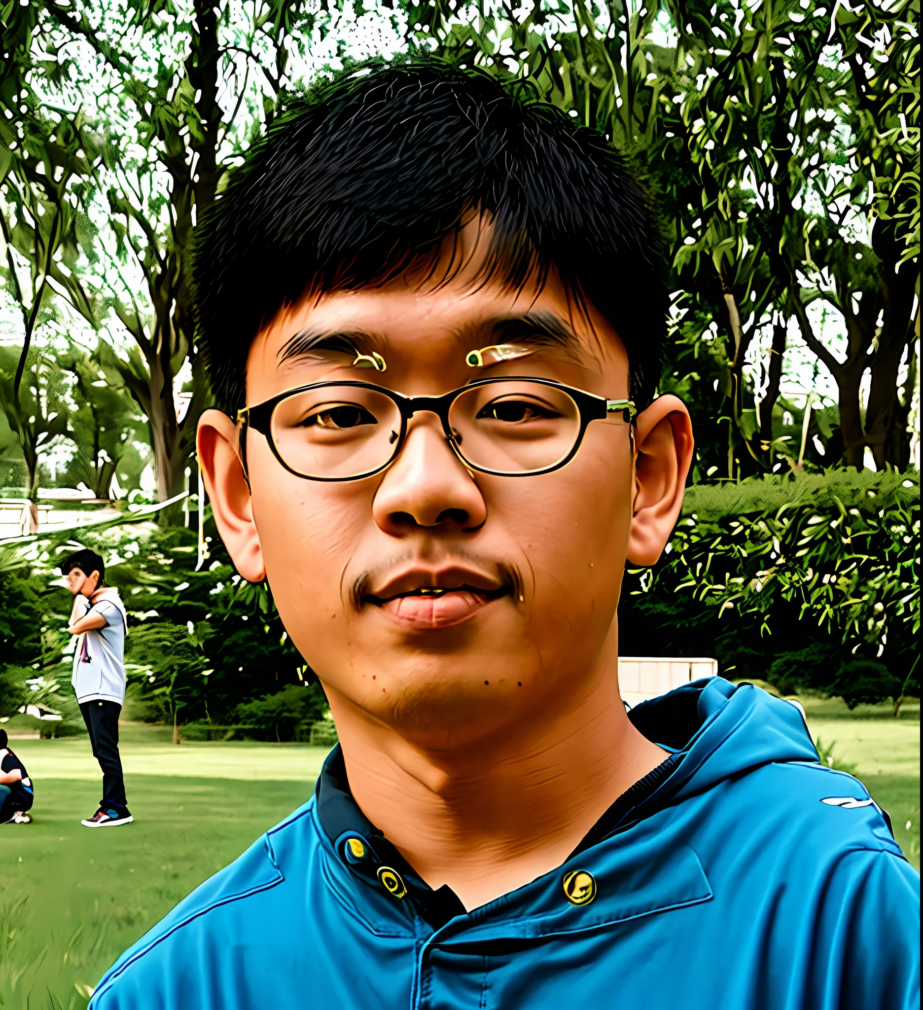 there is a young boy wearing glasses standing in a park, yihao ren, yanjun chengt, wenjun lin, xintong chen, qichao wang, jinyiwei, li zixin, qifeng lin, zhelong xu, yangjun chen, ryan jia, xision wu, pengzhen zhang, xiaofan zhang, mingchen shen