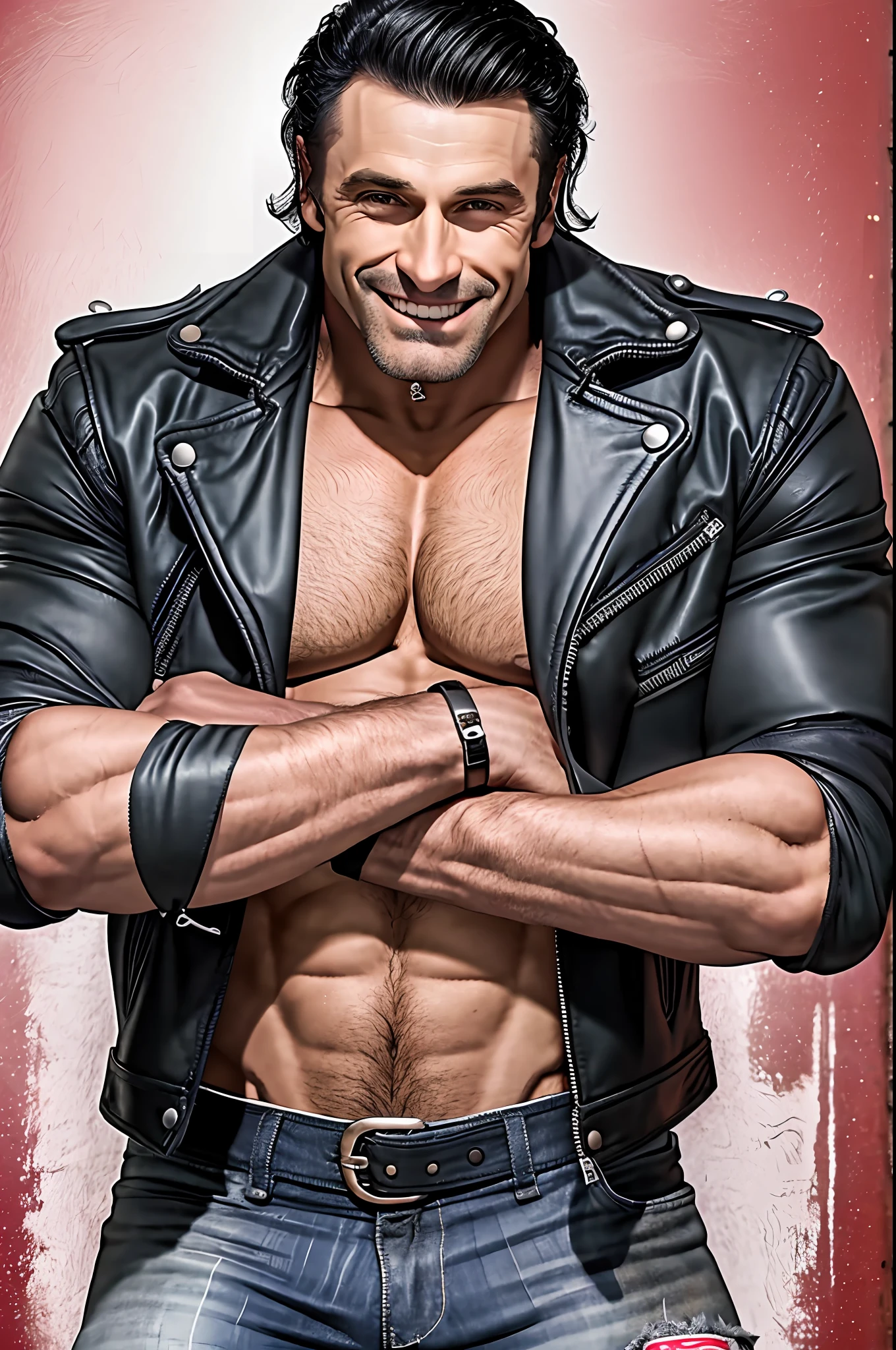 Brigadoe, smiling, muscular, biker, jacket, black skin