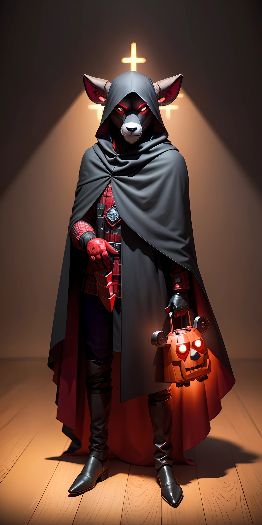 A humanoid goat, a cloak covering the entire body, bright red eyes, knife in the right hand and Freddy's head (from the game Five Night at Freddy's) in the left hand, black background and plaid floors.