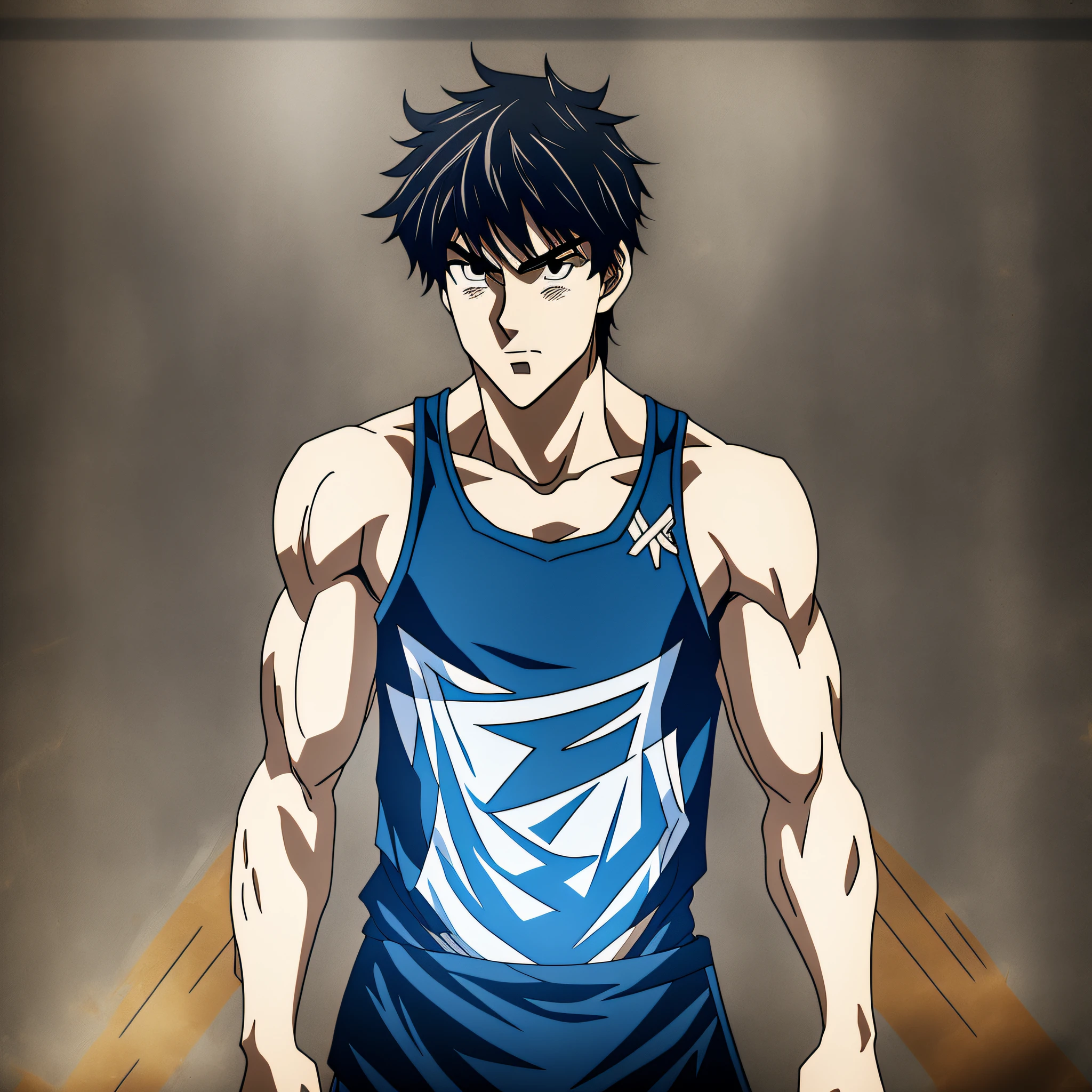 (character design sheet, same character, front, side, back).a tall young man, eyes are expressive, of an intense blue, pale skin, young face, boy, strong and thin physique, anime style, he wears a black tank top, anime, warrior
