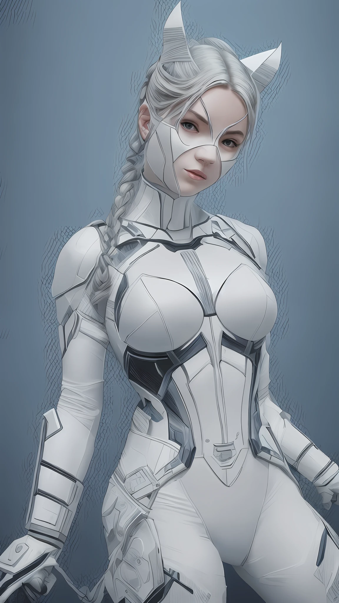 (realistic: 1.3) (original: 1.2), masterpiece, best quality, beautiful clean face, fullbody, 1woman , (wearing white Batman costume and cobalt scifi techmask with complex electronics), wearing white techwear, posing for a picture, (white braided bun hair), ((Batman costume)) --auto --s2