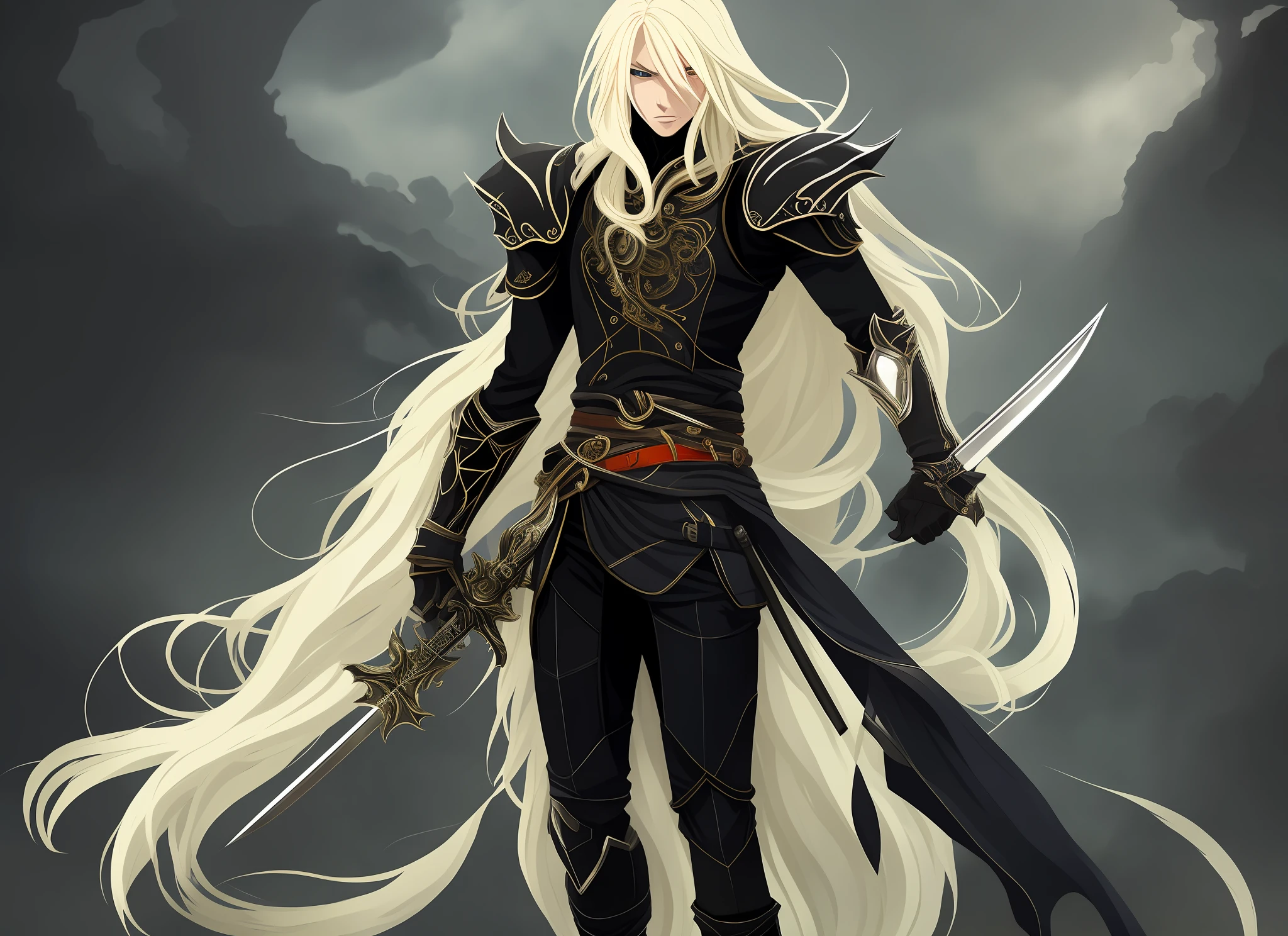 Anime, male, blonde hair, long hair, black weather, gothic, full body, shadow power, straight hair, tidy, royalty, young, dark long sword