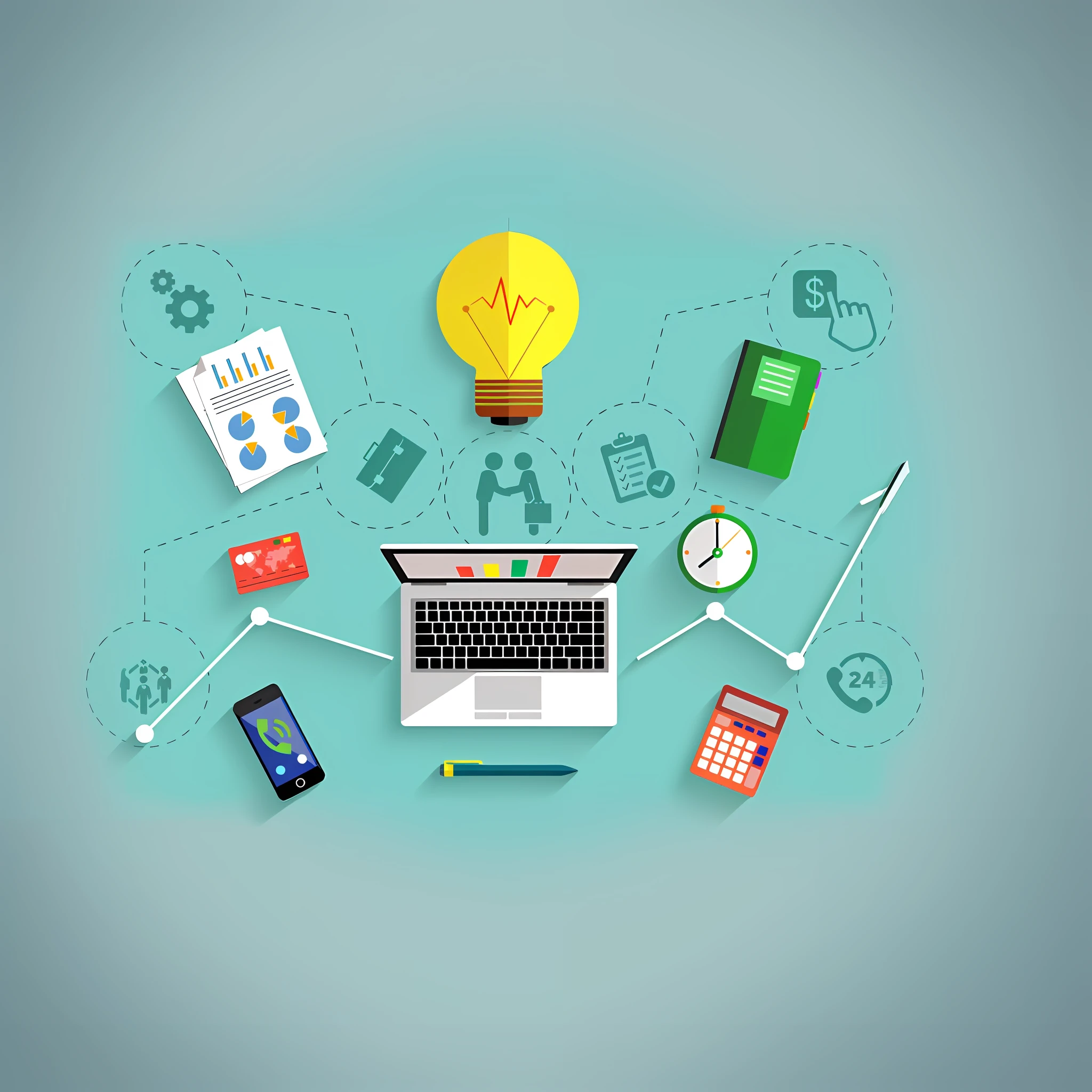 a close up of a laptop with various items surrounding it, flat illustration, integrating with technology, detailed scene, stunning graphics, best on adobe stock, corporate animation style, by Kurt Roesch, marketing illustration, istock, by Julian Allen, by Echo Chernik, by Bouchta El Hayani, marketing game illustration, illustration!, digital marketing, by Rhea Carmi