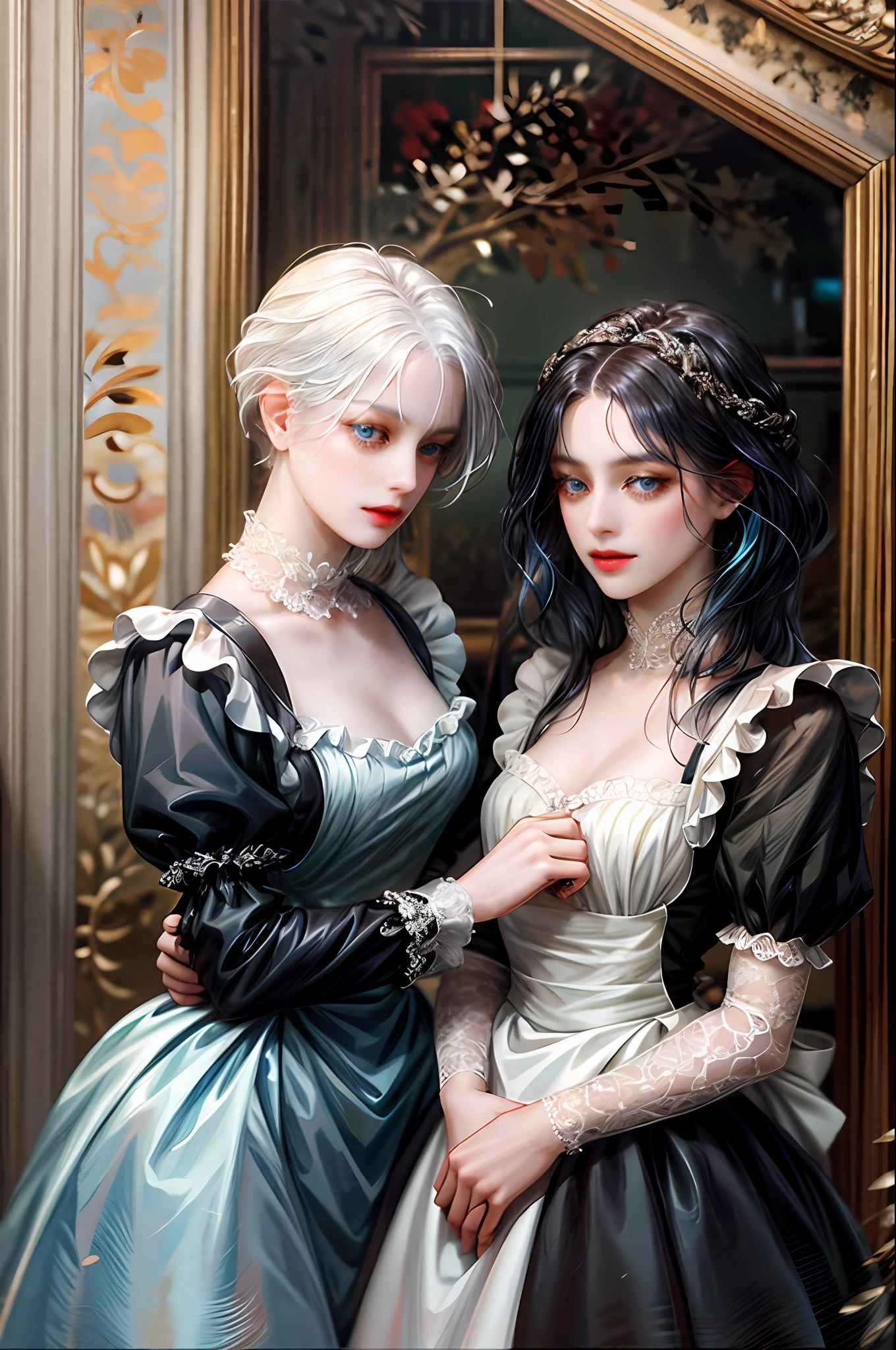 Two girls, maid and noble, lesbian couple, blue eyes and the other orange, white hair with fringe and the other black without fringe,
