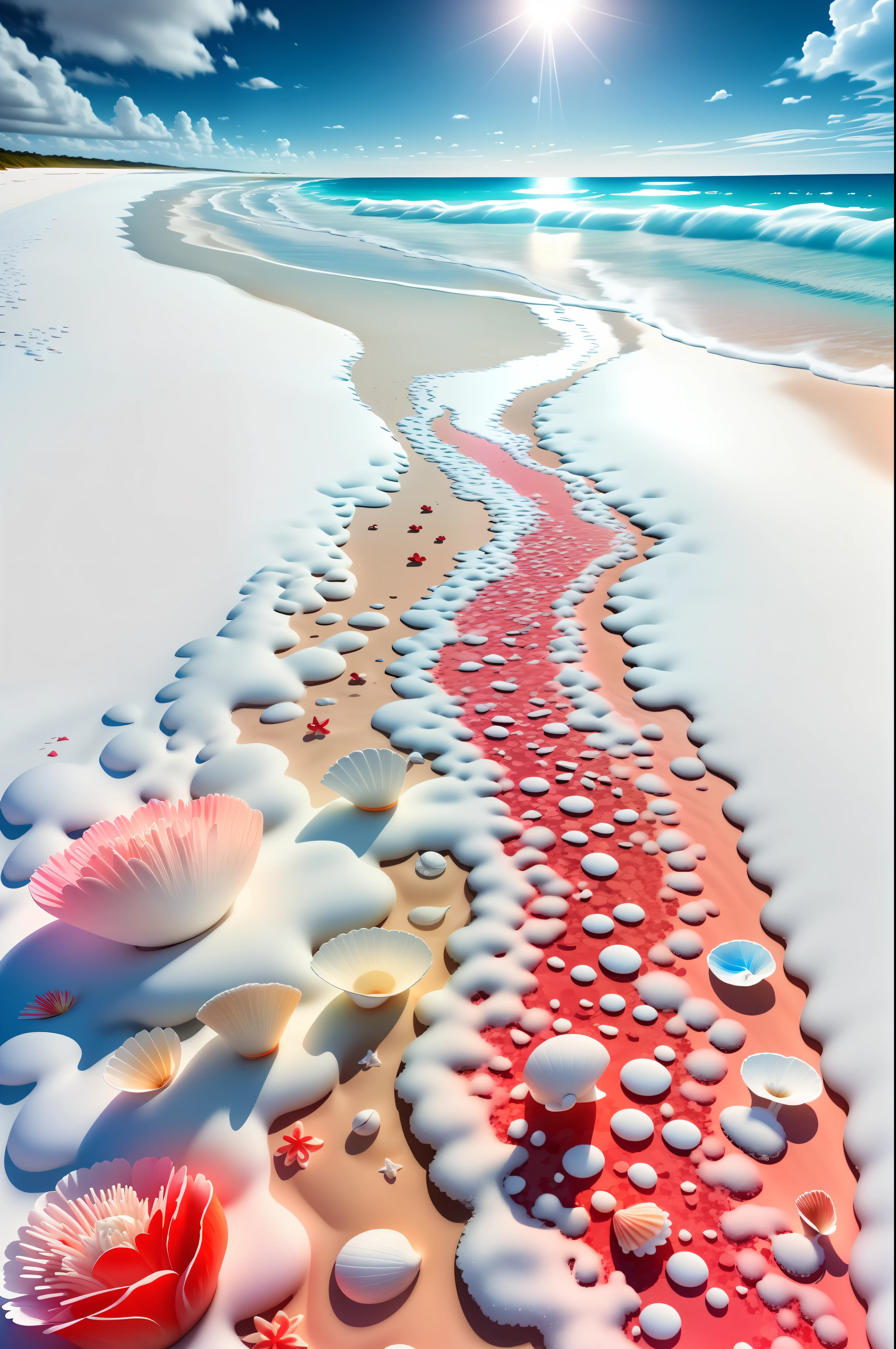 delicate scene,depth of field, 8K, The ivory sky,white clouds,and sunlight shine on the snow-white beach. The coral sea,and many colorful tinny shells on the beach,red roses, roses focus, The ideal YouTube banner size 2560 x 1440 pixels