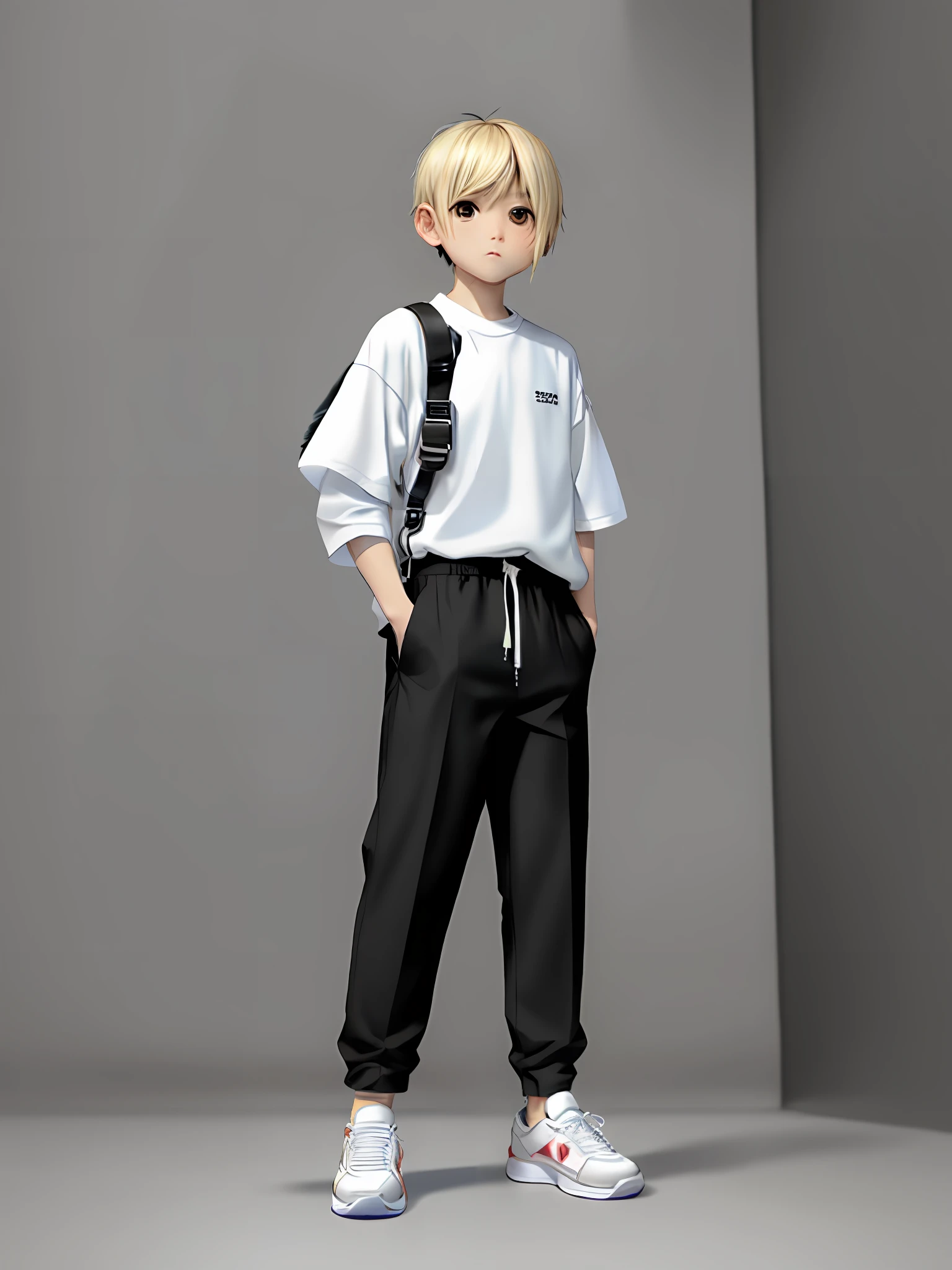 blonde trimmed hair, wearing black long trousers, wearing white sneakers,