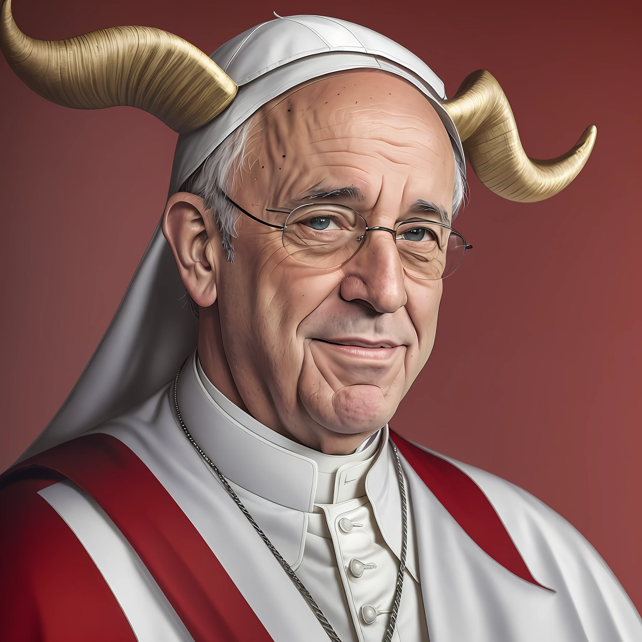 RAW, style, A stunning portrait of Pope Francis wearing a Diado costume. The costume should have goat horns, in blood red color. Pope Francis must have a devilish smile on his face. The background should be neutral and simple, allowing the Pope to be the focal point of the image. Please pay close attention to detail, to create a realistic and realistic image. Try different lighting techniques to improve the mood and atmosphere of the portrait. The final product should be a masterpiece that captures the essence, sharp focus, volumetric mist, 8k UHD, DSLR, high quality, grain film, Fujifilm XT3 --auto --s2