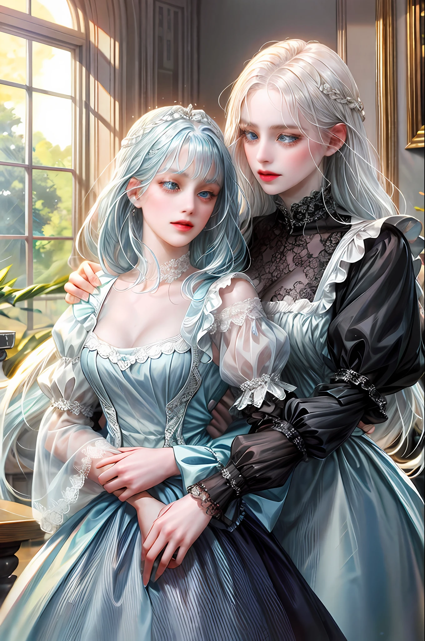 Two girls, maid and noble, lesbian couple, blue eyes and the other orange, white hair with fringe and the other black without fringe,