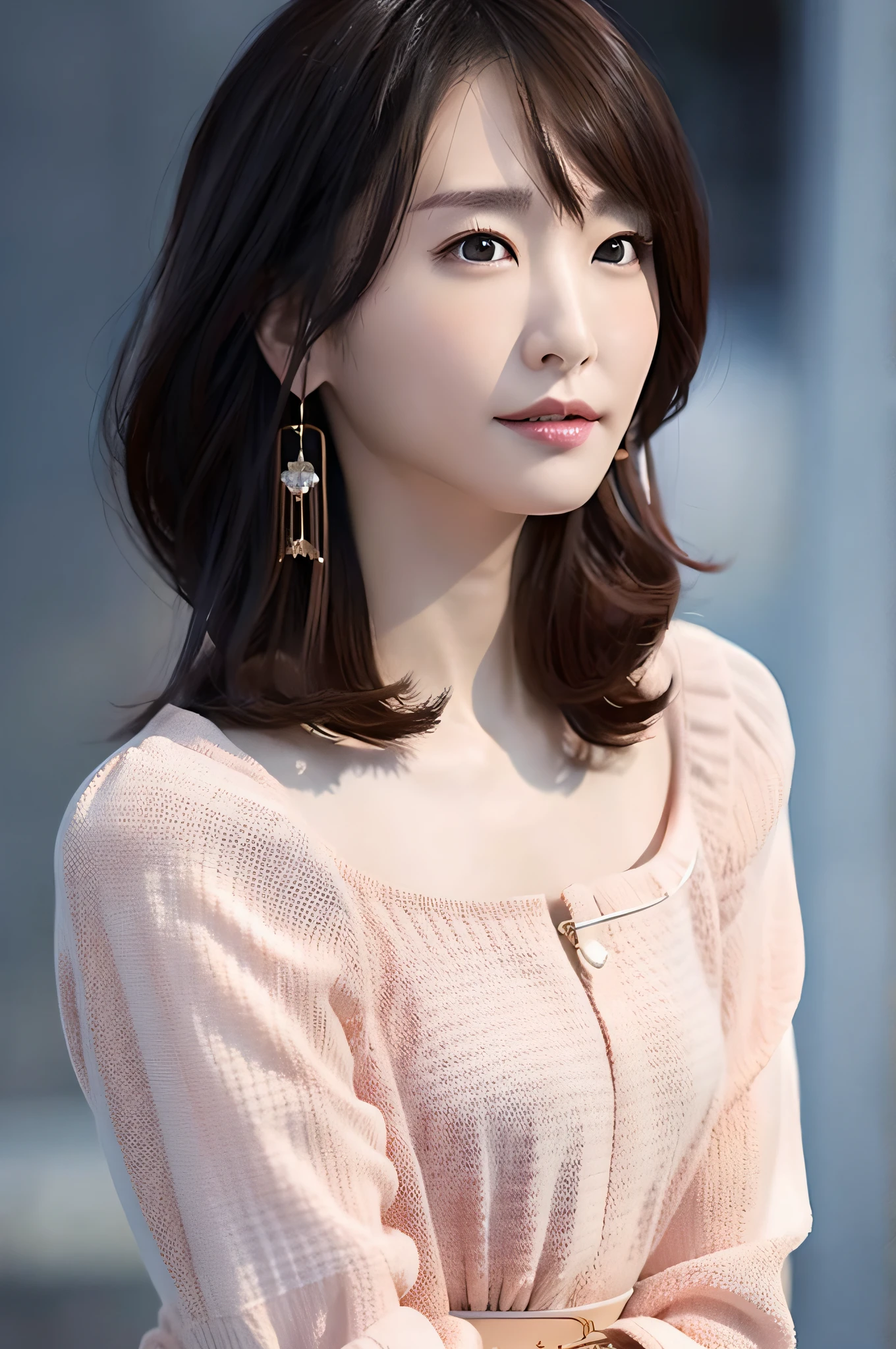 Gentle and charming Chinese beautiful woman, upper body photo, exquisite and sexy collarbone, charming oval face, double eyelids, smart peach blossom eyes, pink lips, small nose, bare shoulders, focused face, face close-up, ultra-high-definition, Super details, elegant standing posture, blue thin jacket with white top and casual cropped pants, it looks really intellectual, elegant and very fashionable