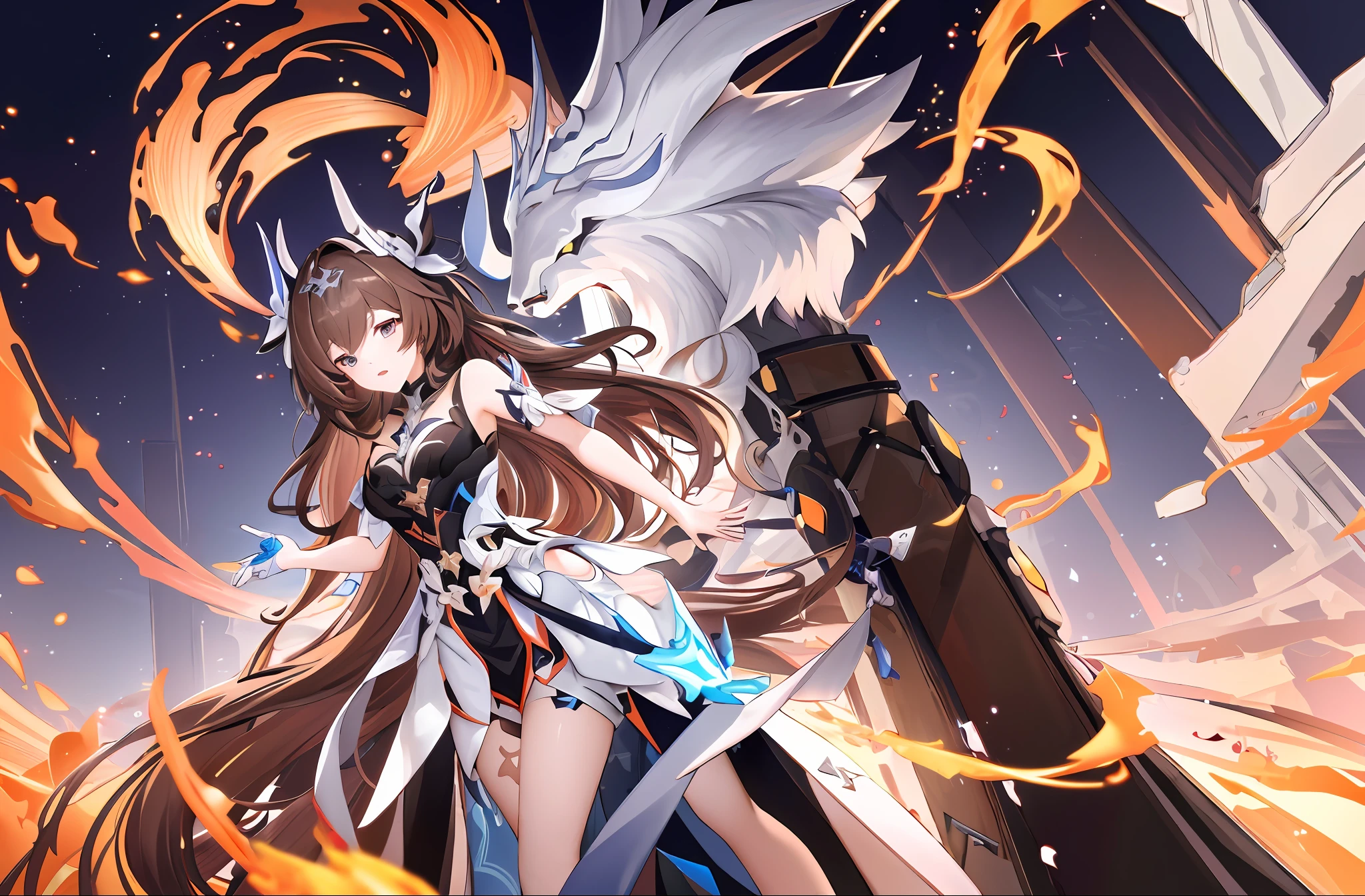 (Ultra-high-quality, best illustration, masterpiece), Sushang from Honkai Impact 3rd, beautiful and elegant, dynamic pose and angle, flowing hair, bright eyes, (1girl), (embodied: Honkai Impact 3rd), (embodied: divnine key), (embodied: flames), (embodied: futuristic technology), (embodied: the beauty and power of a warrior, (long brown hair)