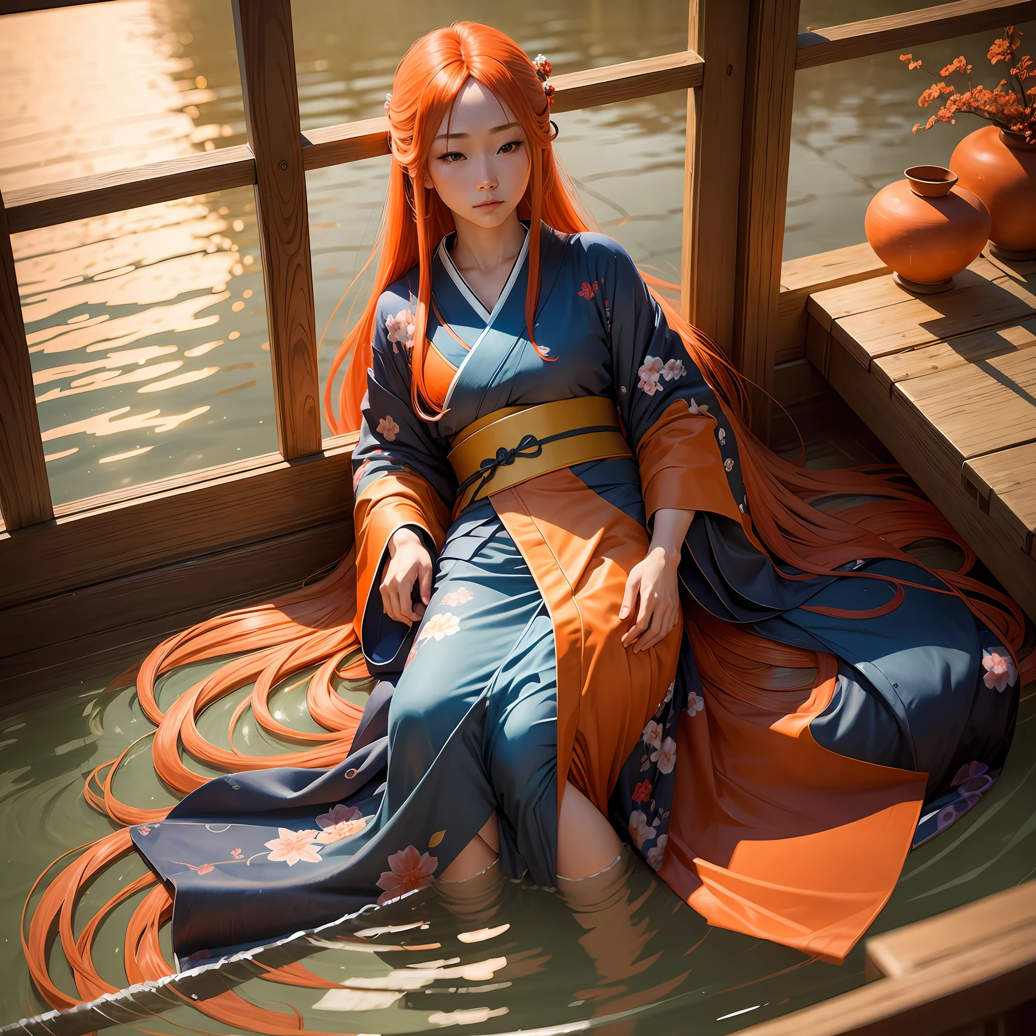 japanese,long orange hair,blue kimono,japanese room,japan,lying down,water,with flowing hair, hyper realistic, masterpiece, photorealistic,perfect anatomy --auto --s2