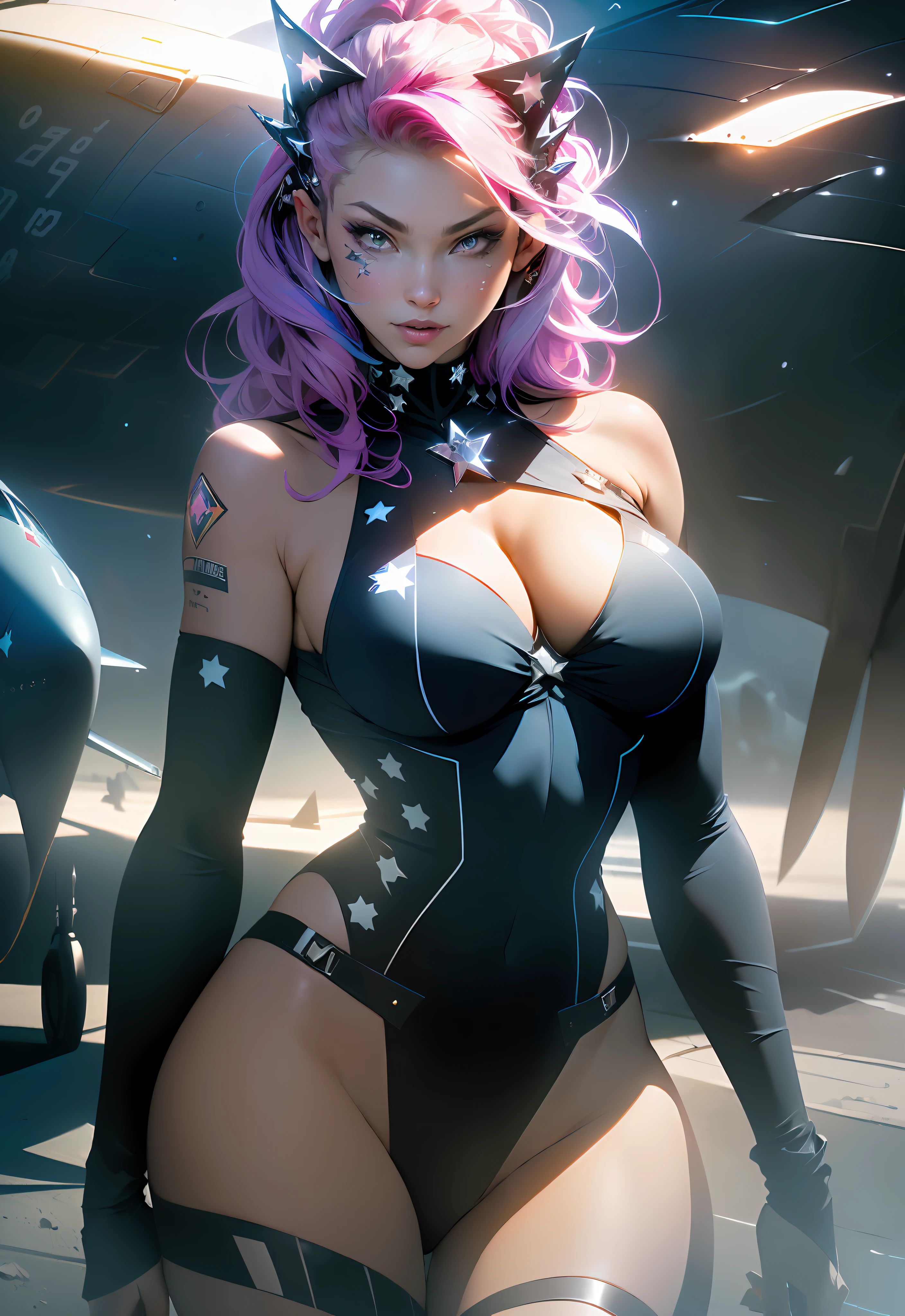 ((Best quality)), ((masterpiece)), (detailed: 1.4), (Absurd), Woman body set thick thighs parts of the covered by technological clothing, (((large breasts)) perfect, generous neckline, pastel, white mohawk hair with locks, red, short underwear, garter belt, by mucha, niji, close to real, best quality, almost naked, psychopath, crazy face, action pose, harlequin, cat eyes, starry night, P40 airplane imitating outfit, P40 WWII plane shark mouth, dragon tattoos on arms, dark blue bra with white stars, stars covering breasts, HDR (High Dynamic Range),Ray Tracing,NVIDIA RTX,Super-Resolution,Unreal 5,Subsurface dispersion, PBR texture, Post-processing, Anisotropic filtering, Depth of field, Maximum clarity and sharpness, Multilayer textures, Albedo and specular maps, Surface shading, Accurate simulation of light-material interaction, Perfect proportions, Octane Render, Two-tone lighting, Wide aperture, Low ISO, White balance, Rule of thirds, 8K RAW
