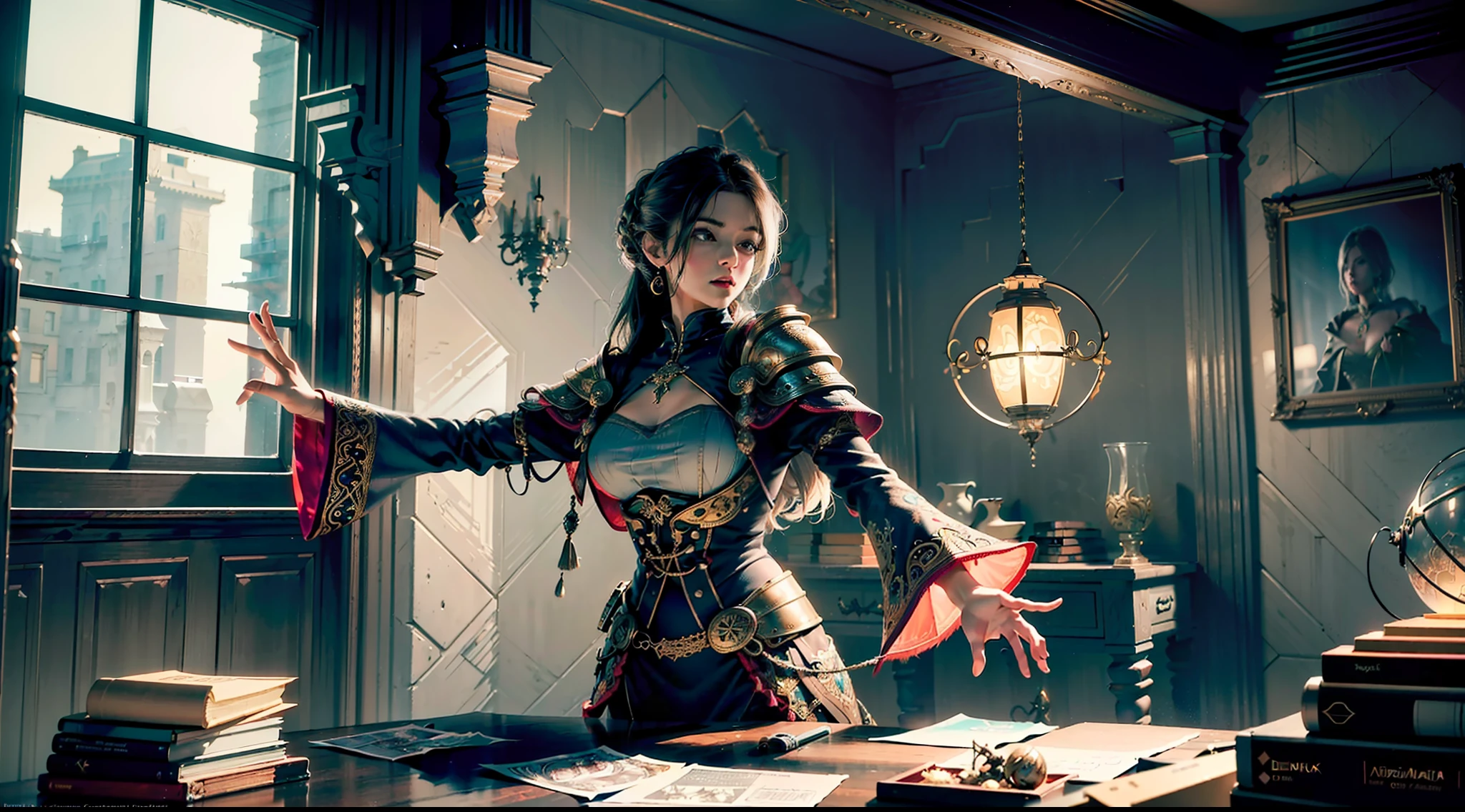 ((best quality)), ((masterpiece:1.2)), (extremely detailed:1.1), (8k, high quality, cinematic, hyper realistic, illustration), (autodesk maya, octane render, unreal engine, game character, ray tracing, hdr), (35mm focal length, f/2 aperture, dynamic perspective, depth of field),(1girl, dynamic angle), the most beautiful form of chaos, a brutalist designed, vivid colours, (zentangle, mandala, tangle, entangle), (fractal art), silk web, 3d, realistic, CG, 3D model, beautiful, elegant, confident, (hdri, bloom, rim lighting, soft lighting, low key), delicate\(armor\) wizard robe