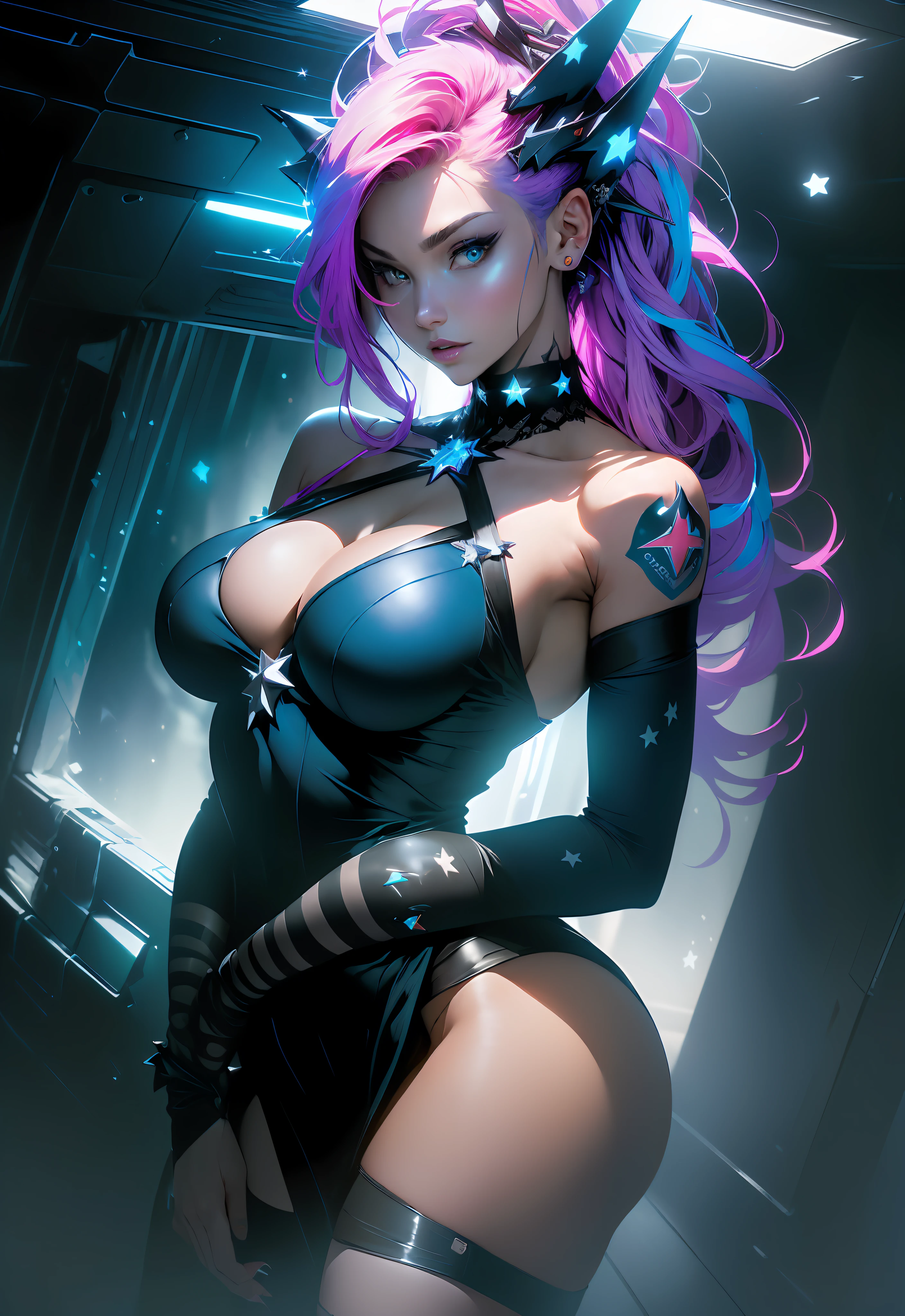 ((Best quality)), ((masterpiece)), (detailed: 1.4), (Absurd), Woman body set thick thighs parts of the covered by technological clothing, (((large breasts)) perfect, generous neckline, pastel, white mohawk hair with locks, red, short underwear, garter belt, by mucha, niji, close to real, best quality, almost naked, psychopath, crazy face, action pose, harlequin, cat eyes, starry night, P40 airplane imitating outfit, P40 WWII plane shark mouth, dragon tattoos on arms, dark blue bra with white stars, stars covering breasts, HDR (High Dynamic Range),Ray Tracing,NVIDIA RTX,Super-Resolution,Unreal 5,Subsurface dispersion, PBR texture, Post-processing, Anisotropic filtering, Depth of field, Maximum clarity and sharpness, Multilayer textures, Albedo and specular maps, Surface shading, Accurate simulation of light-material interaction, Perfect proportions, Octane Render, Two-tone lighting, Wide aperture, Low ISO, White balance, Rule of thirds, 8K RAW