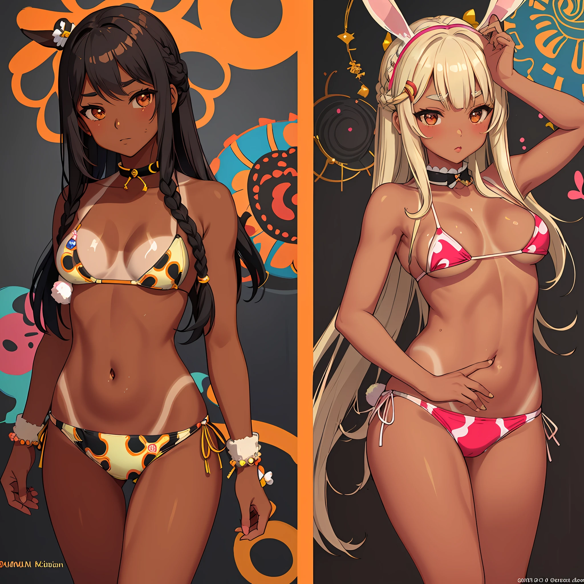 Yayoi Kusama, (dark skin: 0.5), (tanlines:1.1), (bikini tan:1.2),(gyaru:1.3), fusion of nipple seal and low-rise shorts, small, female brat, thick eyebrows, thin waist, pigtails, beautiful blonde hair, braid, rabbit ears, (masterpiece), ((highest quality)), (super detailed), girl, clean and detailed face, five fingers, Textile shading, perfect human structure, perfect anatomy,