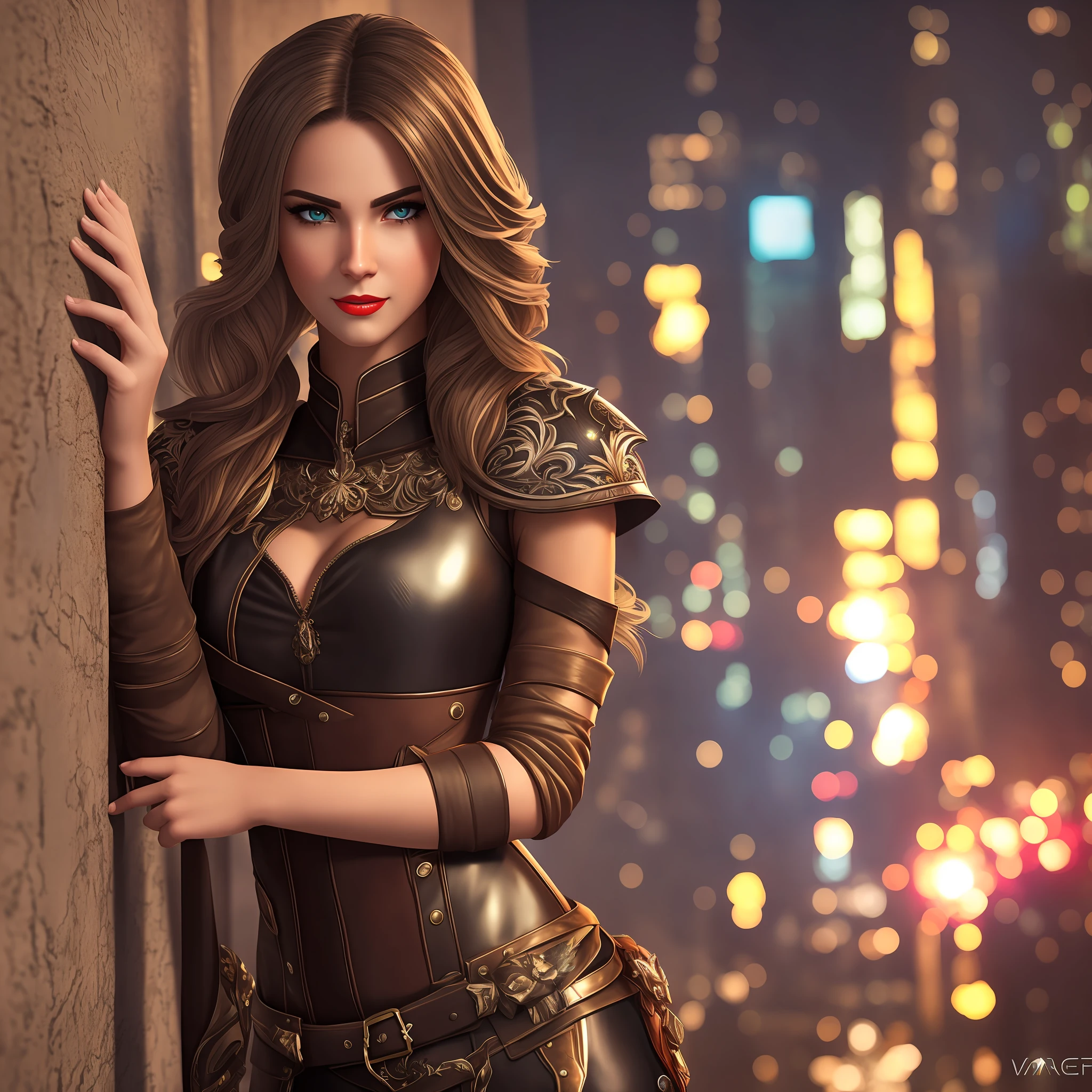 Beautiful woman, calm, confident, leaning against wall, wearing floral dress, sexy and slim, city night view illuminated her face, sparkling eyes, smiling, feminist t-shirt, skinny, small red lips, sharp eyebrows, eye-catching Unique facial features, strong artistic style, tight leather pants, tough and confident, absolutely domineering, top-notch CG rendering, detailed facial description, decadent rebellion, stable expression, single player, 1080p. --auto --s2