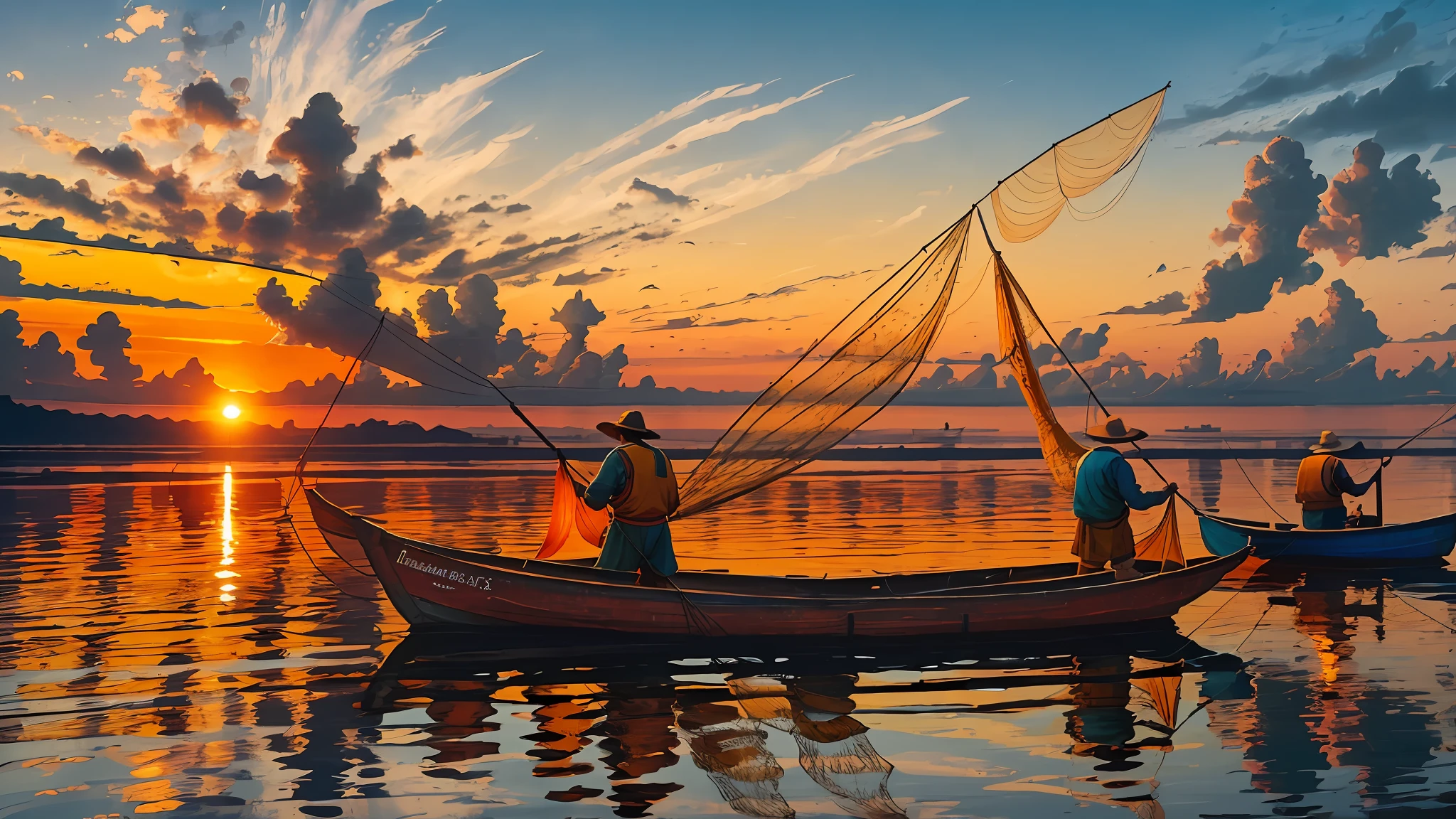 Fishermen with their nets by sunrise, in the style of dark orange and light gold, vibrant color palette, flickr, northern and southern dynasties, 32k uhd, otherworldly fun, impressive panoramas --auto --s2