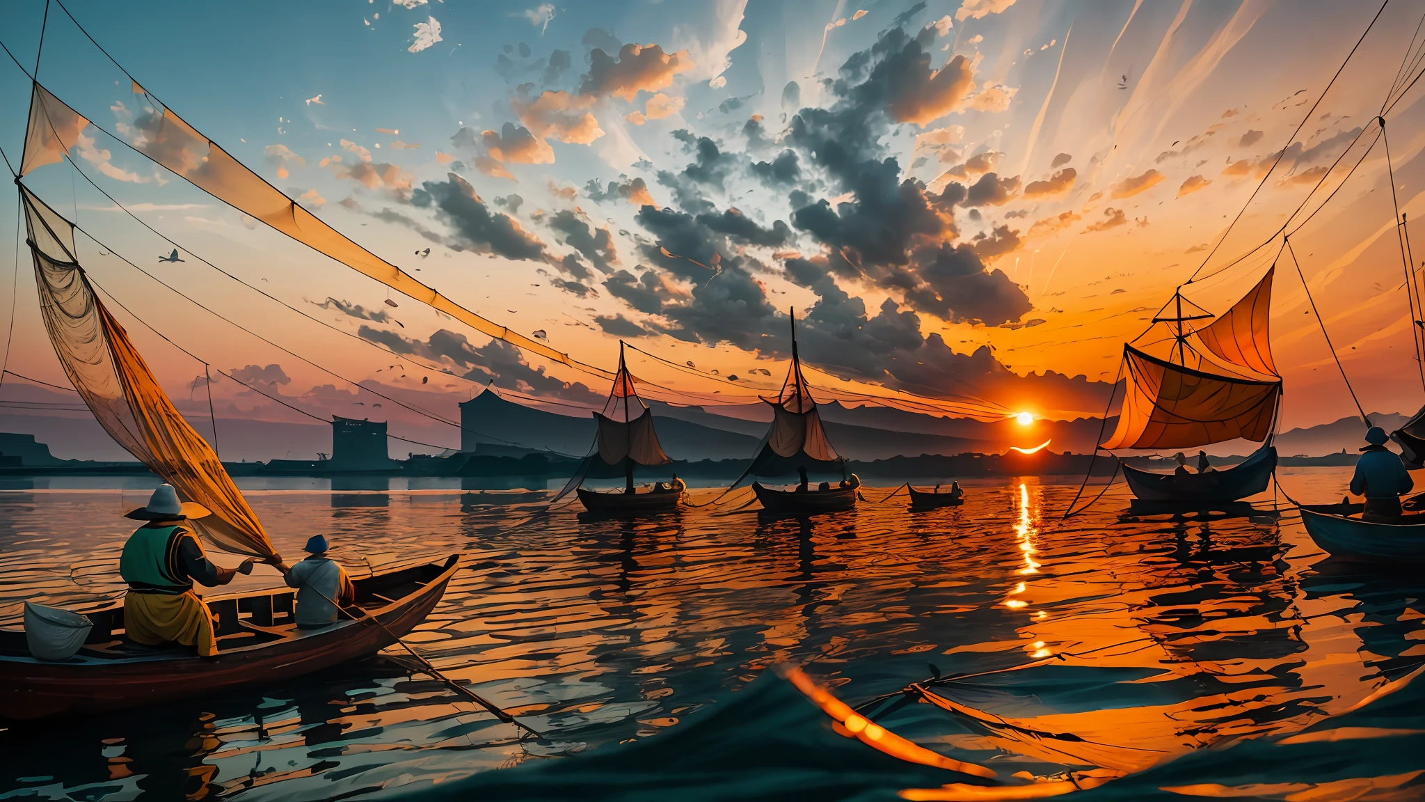 Fishermen with their nets by sunrise, in the style of dark orange and light gold, vibrant color palette, flickr, northern and southern dynasties, 32k uhd, otherworldly fun, impressive panoramas --auto --s2