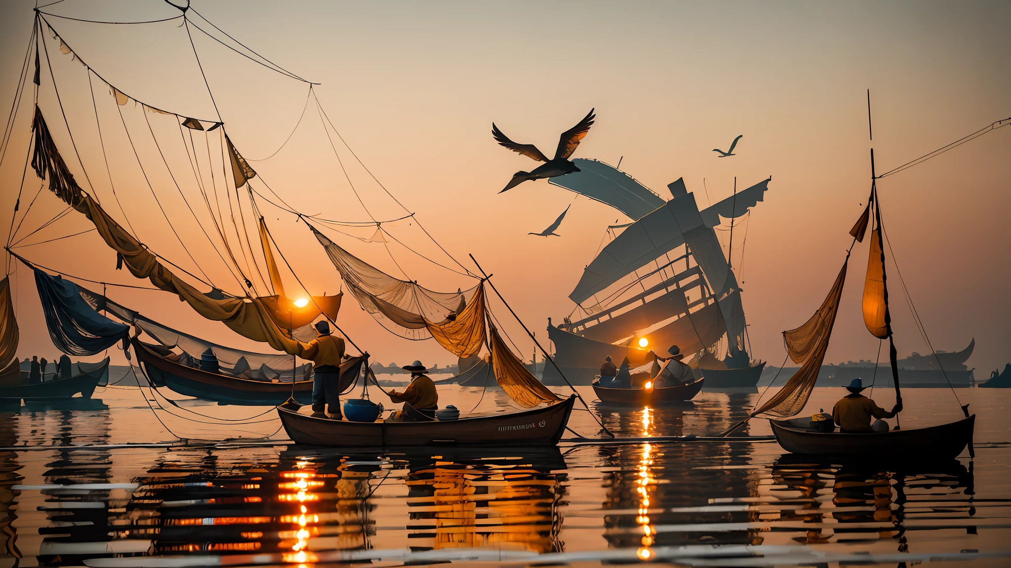 Fishermen with their nets by sunrise, in the style of dark orange and light gold, vibrant color palette, flickr, northern and southern dynasties, 32k uhd, otherworldly fun, impressive panoramas --auto --s2