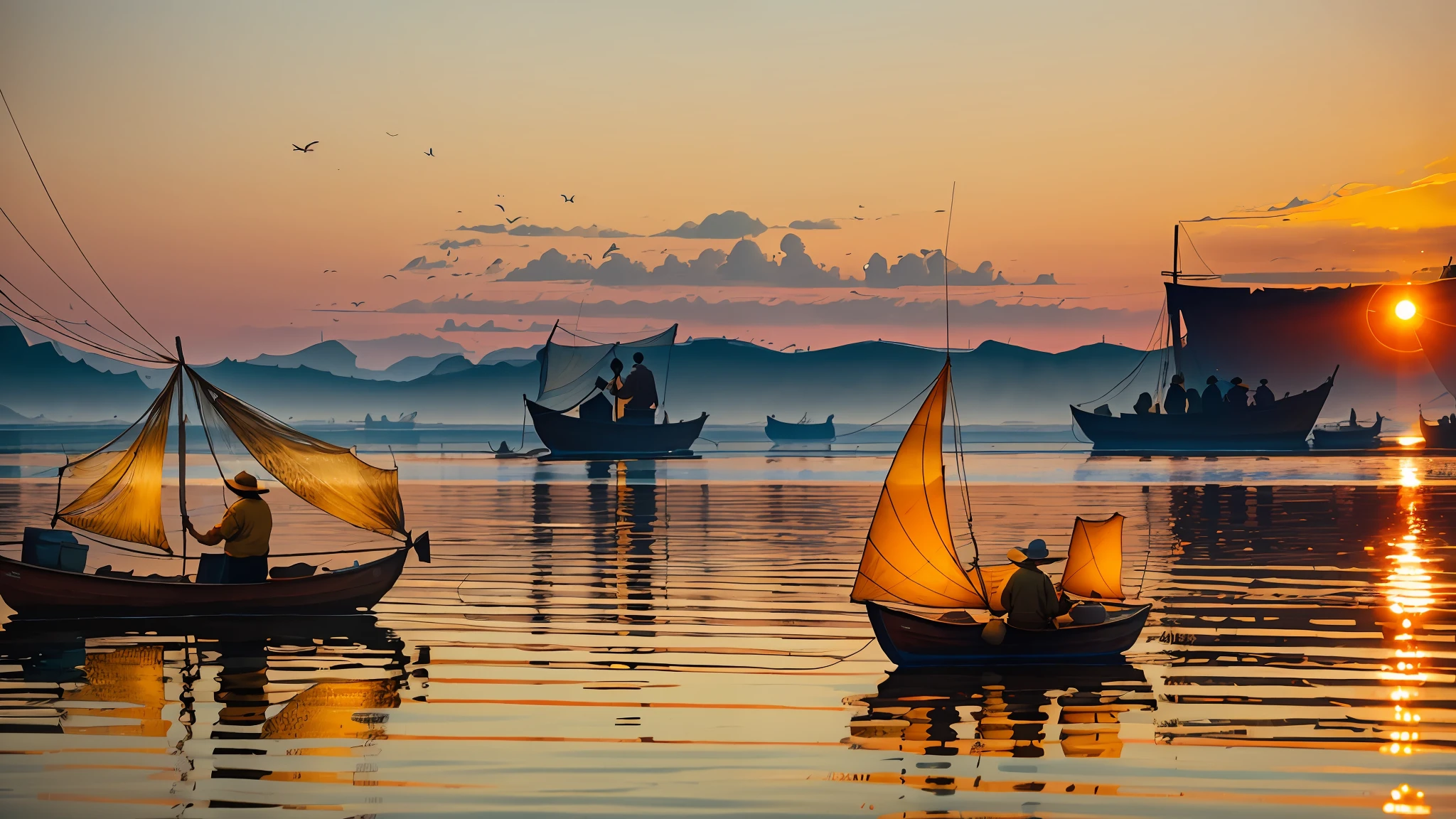 Fishermen with their nets by sunrise, in the style of dark orange and light gold, vibrant color palette, flickr, northern and southern dynasties, 32k uhd, otherworldly fun, impressive panoramas --auto --s2