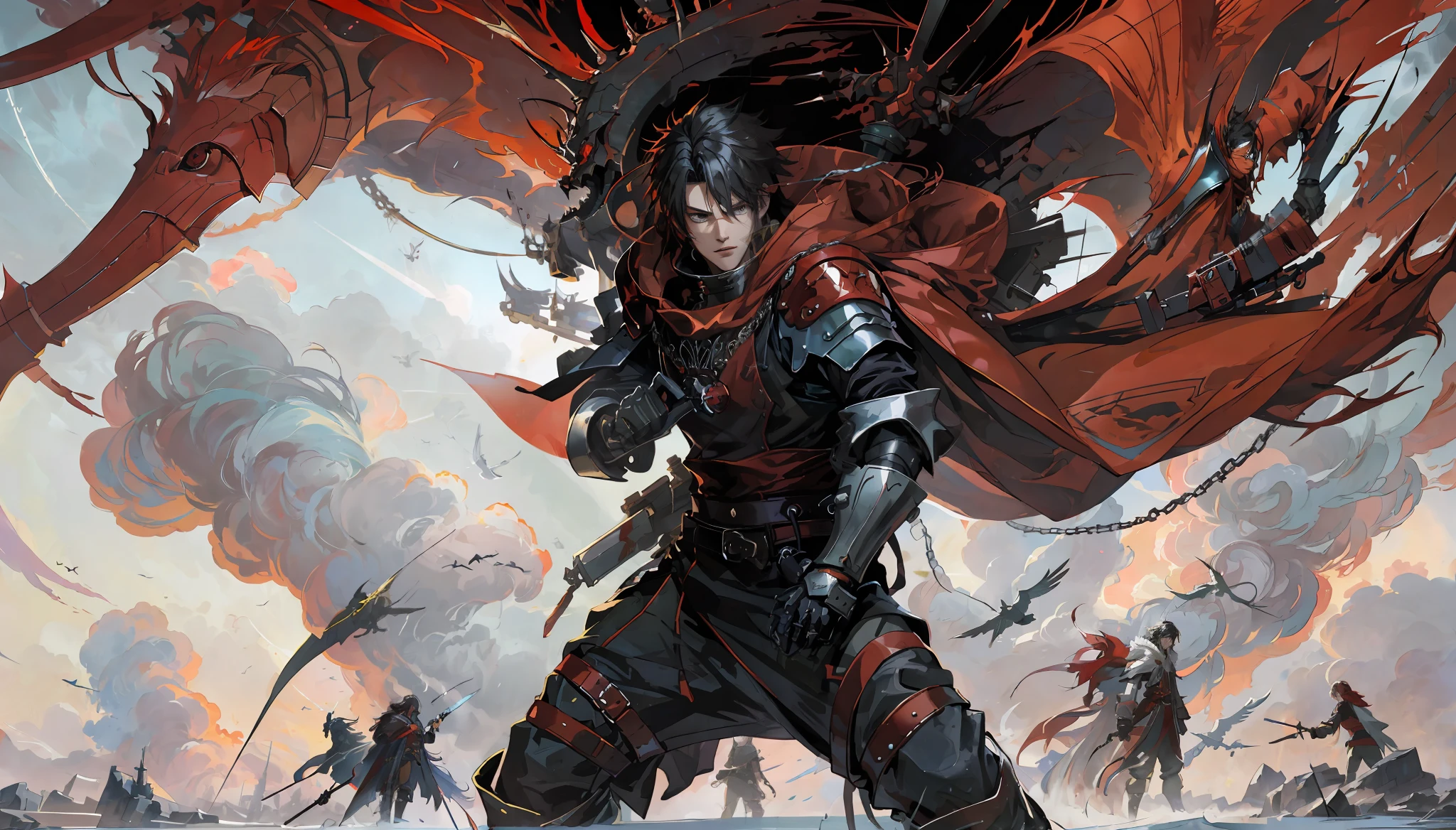 Anime - Style illustration of a man with a red cloak and a sword, Badass Anime 8 K, 2. 5 d CGI Anime Fantasy Artwork, Krenz Cushart and Wenjun Lin, Epic Fantasy Digital Art Style, Anime Epic Artwork, Anime Fantasy Artwork, by Yang J, Anime Fantasy Illustration, 4K Manga Wallpaper, Epic Anime Fantasy, Gungrave
