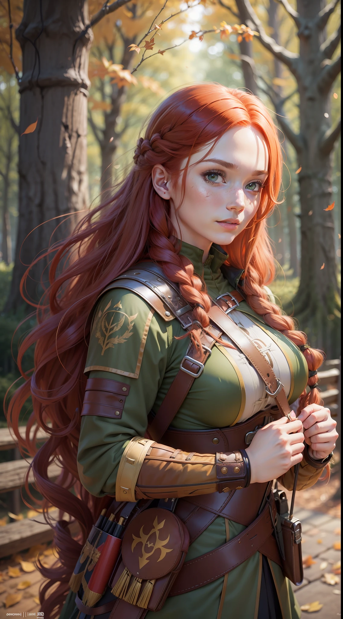 Red-haired girl with long hair, on fire, green eyes and a bag with arrows, medieval warrior outfit, forest on autumn night, candlelight around, beautiful portrait of Nami, 8K Artgerm bokeh, Katniss Everdeen cosplay, anime. natural soft lighting, a bridge, waist-thin, hyper realistic anime, lived, five fingers