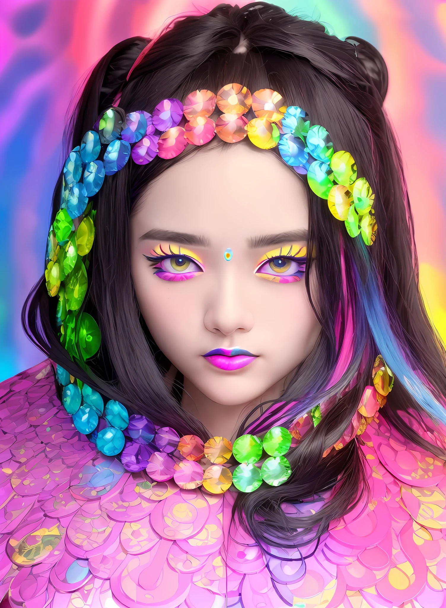 detailed masterpiece totempunkai psychedelic totem magic, revolutionary, bright eyes, 1girl, pretty face, 1girl,nice detailed eyes, heavy eye makeup, slim waist, blush, Kpop idol,(aegyo sal:1.0), detailed eye makeup, puffy eyes, solo, perfect anatomy, (busty), (cleavage),(slender),(black hair:1), (looking at viewer), (vivid colors:2)