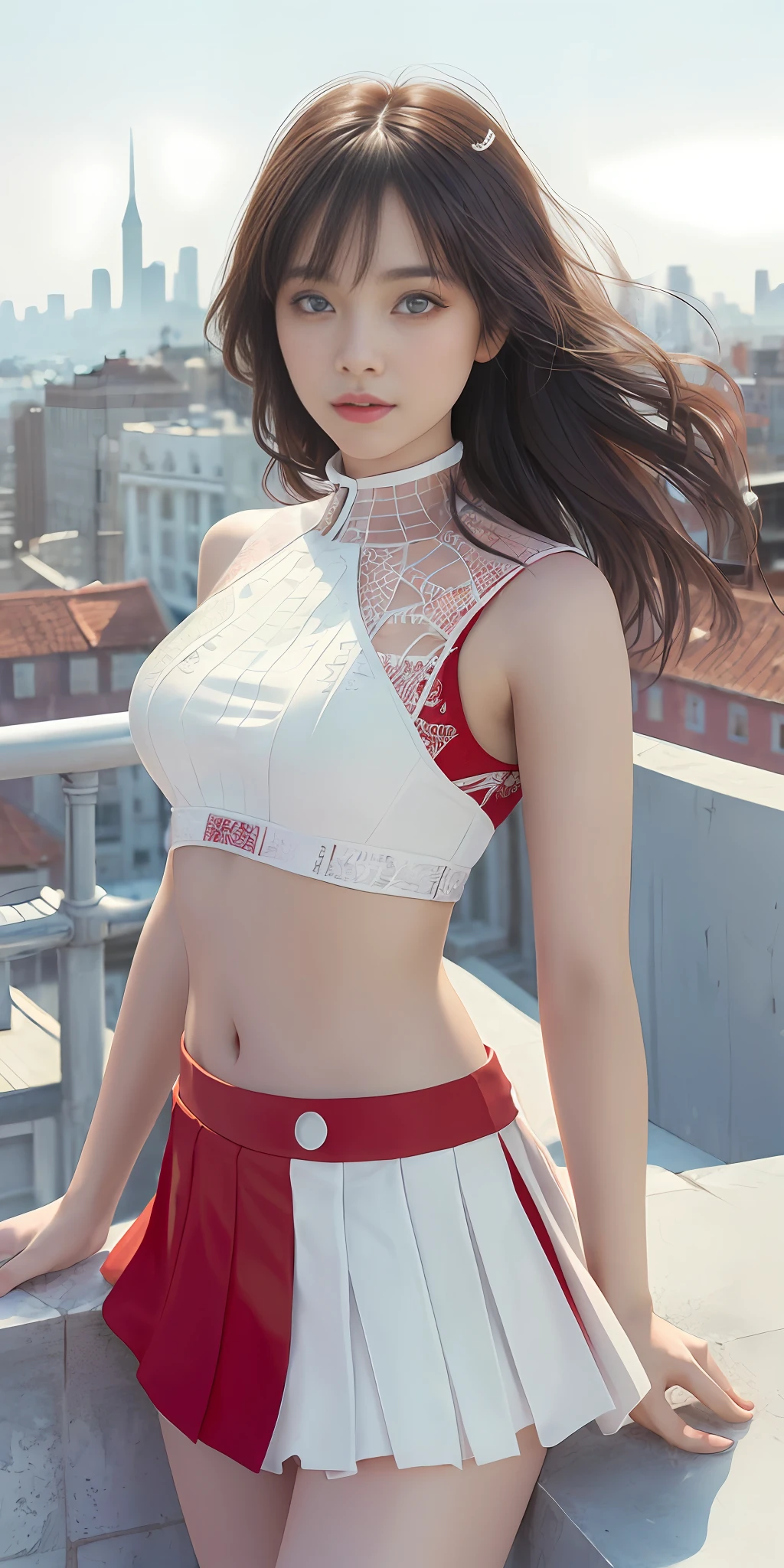 (1 girl:1.3), Solo, ((Highly detailed face)), ((Highly detailed eyes and face)), Beautiful detailed eyes, from the top, unified 8k wallpaper, ultra detailed,beautiful, best quality, original, masterpiece, ultra fine photography, best quality, ultra high definition, realistic realism, sunlight, full body portrait, amazing beauty, dynamic poses, delicate face, vivid eyes, (from the front),(navel, Mini skirt), closed spider woman, red and white color scheme, spider, spider silk, highly detailed city roof background, rooftop, overlooking the city, detailed face, detailed complex busy background, messy and gorgeous milky white, highly detailed skin, realistic skin details, visible pores, clear focus, , 8k UHD, DSLR, high quality, film grain, fair skin, photorealism, translucent