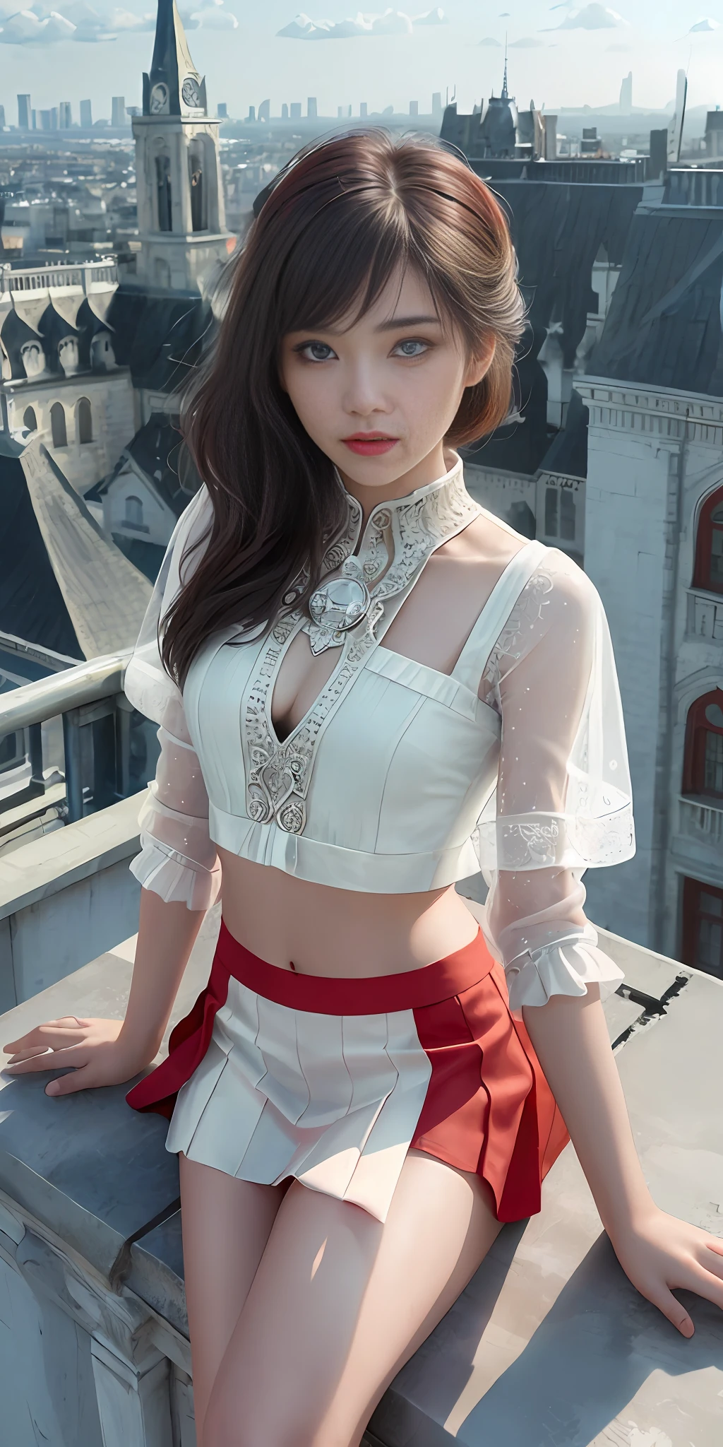 (1 girl:1.3), Solo, ((Highly detailed face)), ((Highly detailed eyes and face)), Beautiful detailed eyes, from the top, unified 8k wallpaper, ultra detailed,beautiful, best quality, original, masterpiece, ultra fine photography, best quality, ultra high definition, realistic realism, sunlight, full body portrait, amazing beauty, dynamic poses, delicate face, vivid eyes, (from the front),(navel, Mini skirt), closed spider woman, red and white color scheme, spider, spider silk, highly detailed city roof background, rooftop, overlooking the city, detailed face, detailed complex busy background, messy and gorgeous milky white, highly detailed skin, realistic skin details, visible pores, clear focus, , 8k UHD, DSLR, high quality, film grain, fair skin, photorealism, translucent