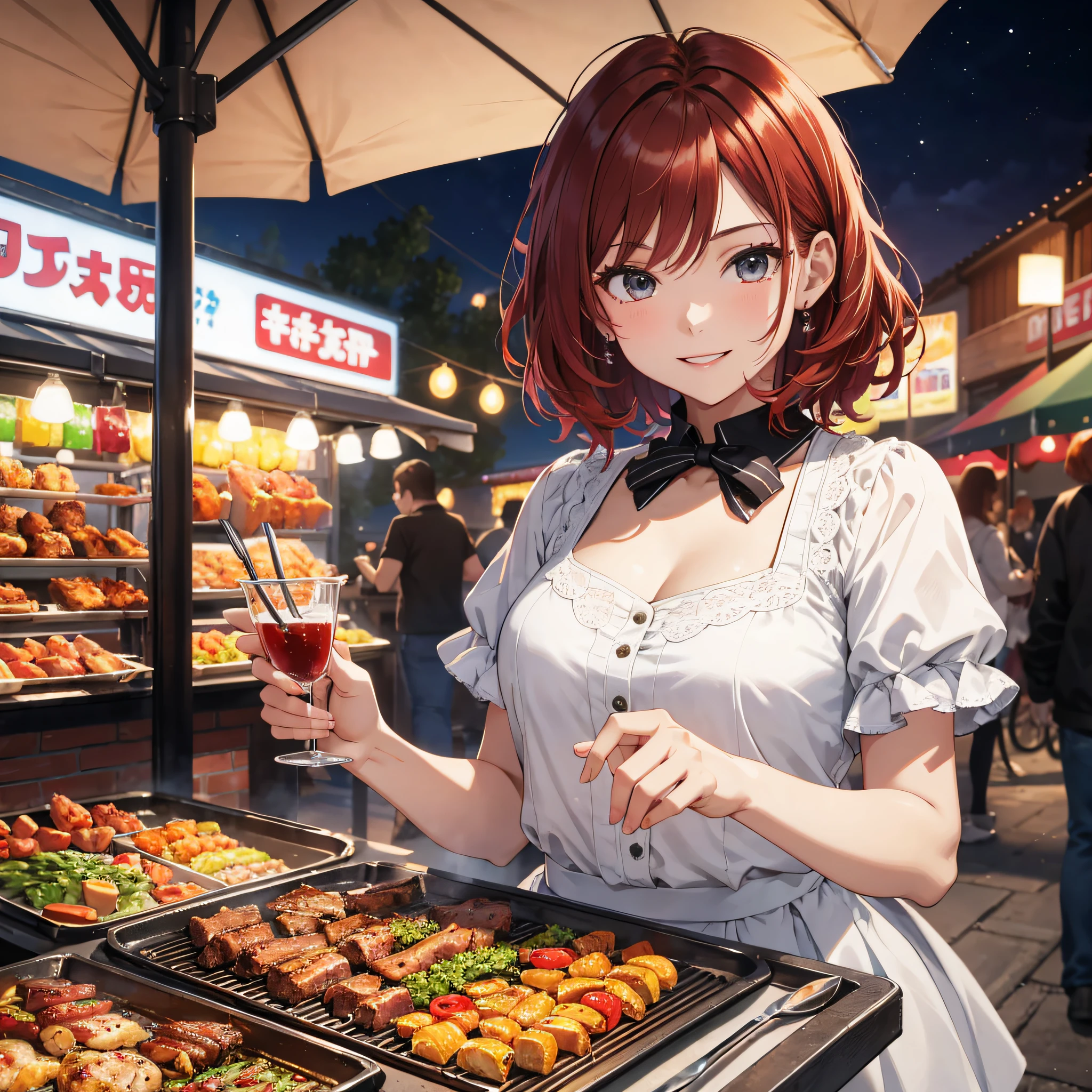 Absurd resolution, high resolution, (masterpiece: 1.4), hyper-detail, night, in front of a barbecue food stall, 1 young woman, short red hair, white skirt, happy expression