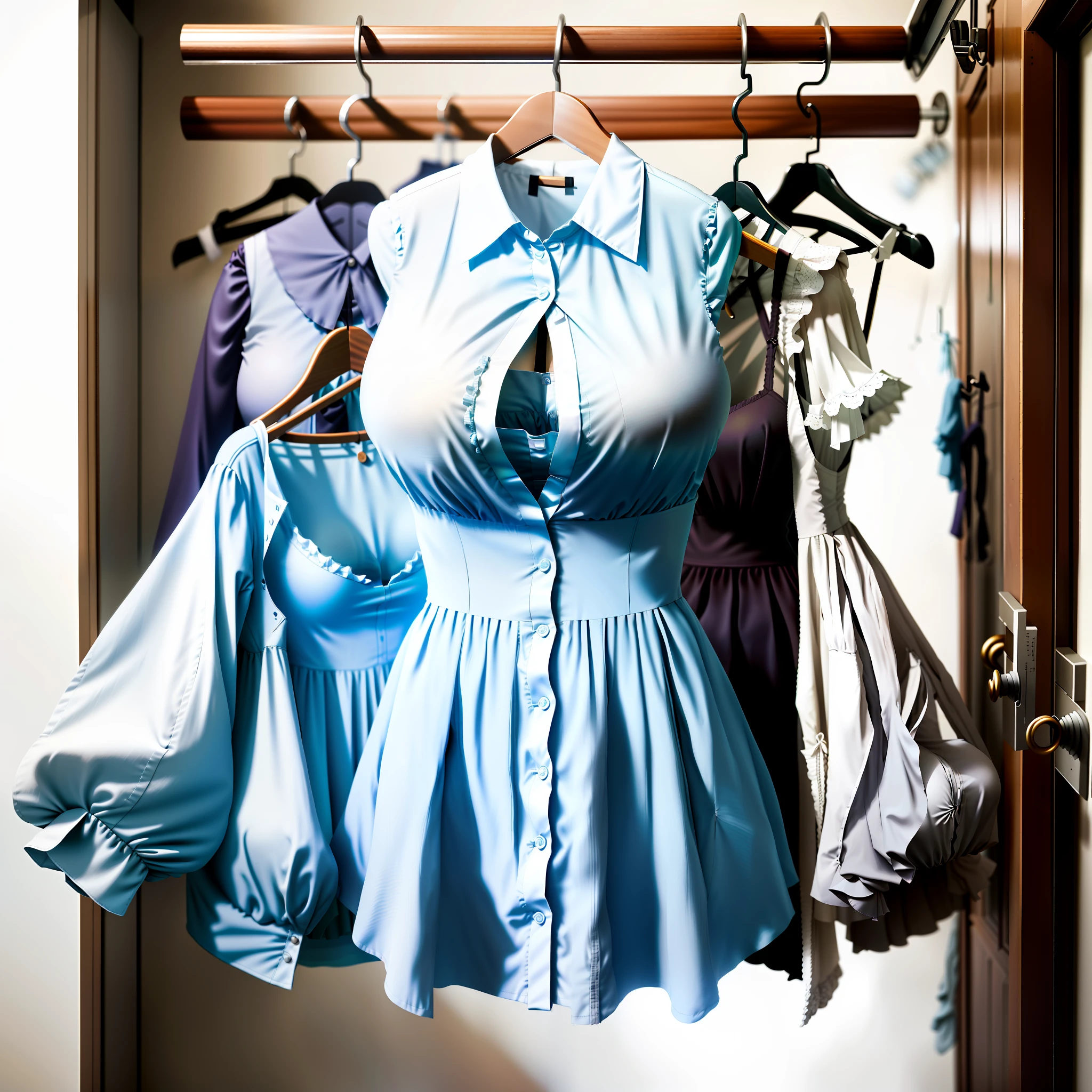 Invisible girls, blouses without humans, headless, blouses, (realistic: 0), headless, empty, handless, headless, invisible girls, blouses with cleavages, empty clothes, invisible body, invisible head, empty clothes, invisible girl, hanger blouses with cleavages, invisible body, invisible head, blouses has big breasts and cleavages, tights, hanger blouses in a closet swells as if worn by invisible busty girls, girl's busty blouses begin to pose on its own as if worn by invisible girls, blouses with vests, hanger blouses has big breasts and cleavages,invisible girls, without humans, headless, 8K, highest quality, ultra-high resolution,