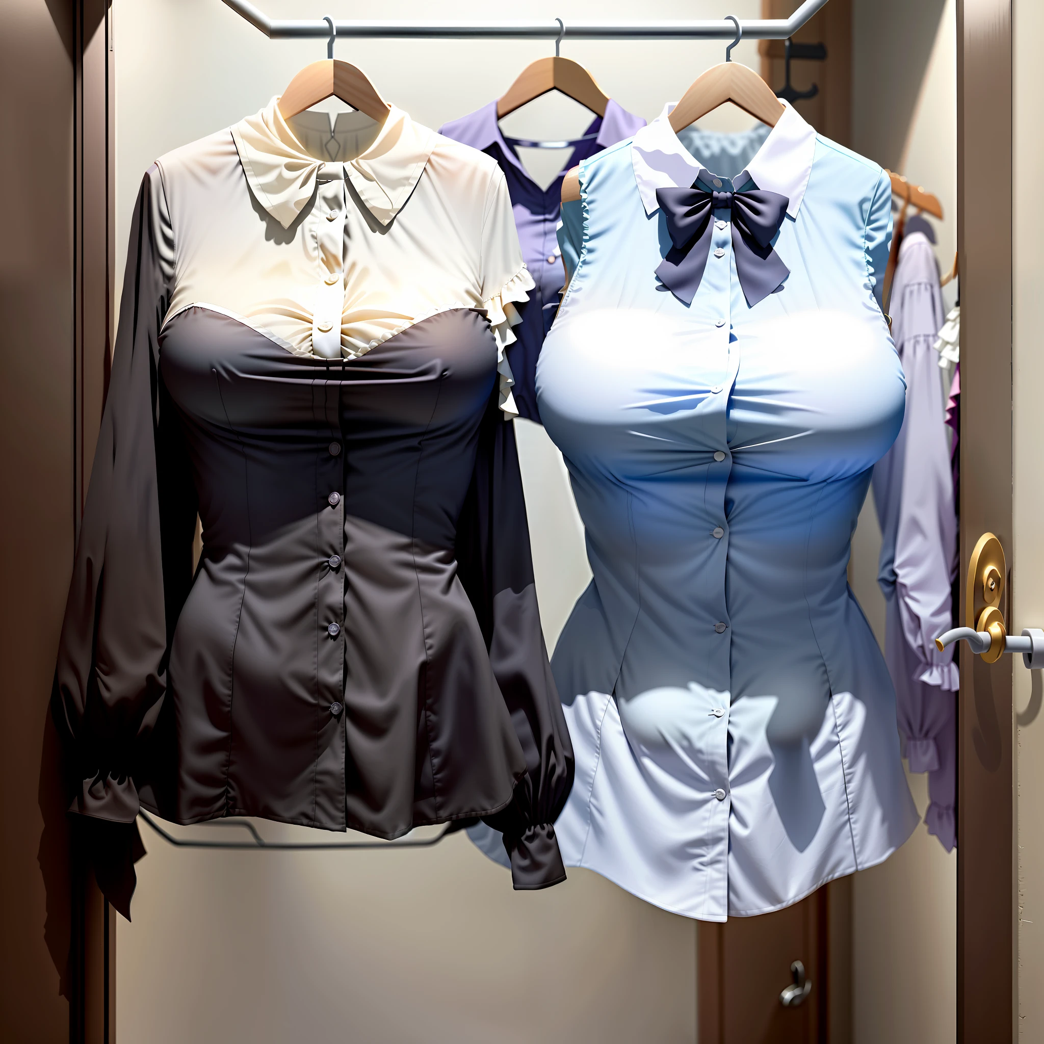 Invisible girls, blouses without humans, headless, blouses, (realistic: 0), headless, empty, handless, headless, invisible girls, blouses with cleavages, empty clothes, invisible body, invisible head, empty clothes, invisible girl, hanger blouses with cleavages, invisible body, invisible head, blouses has big breasts and cleavages, tights, hanger blouses in a closet swells as if worn by invisible busty girls, girl's busty blouses begin to pose on its own as if worn by invisible girls, blouses with vests, hanger blouses has big breasts and cleavages,invisible girls, without humans, headless, 8K, highest quality, ultra-high resolution,