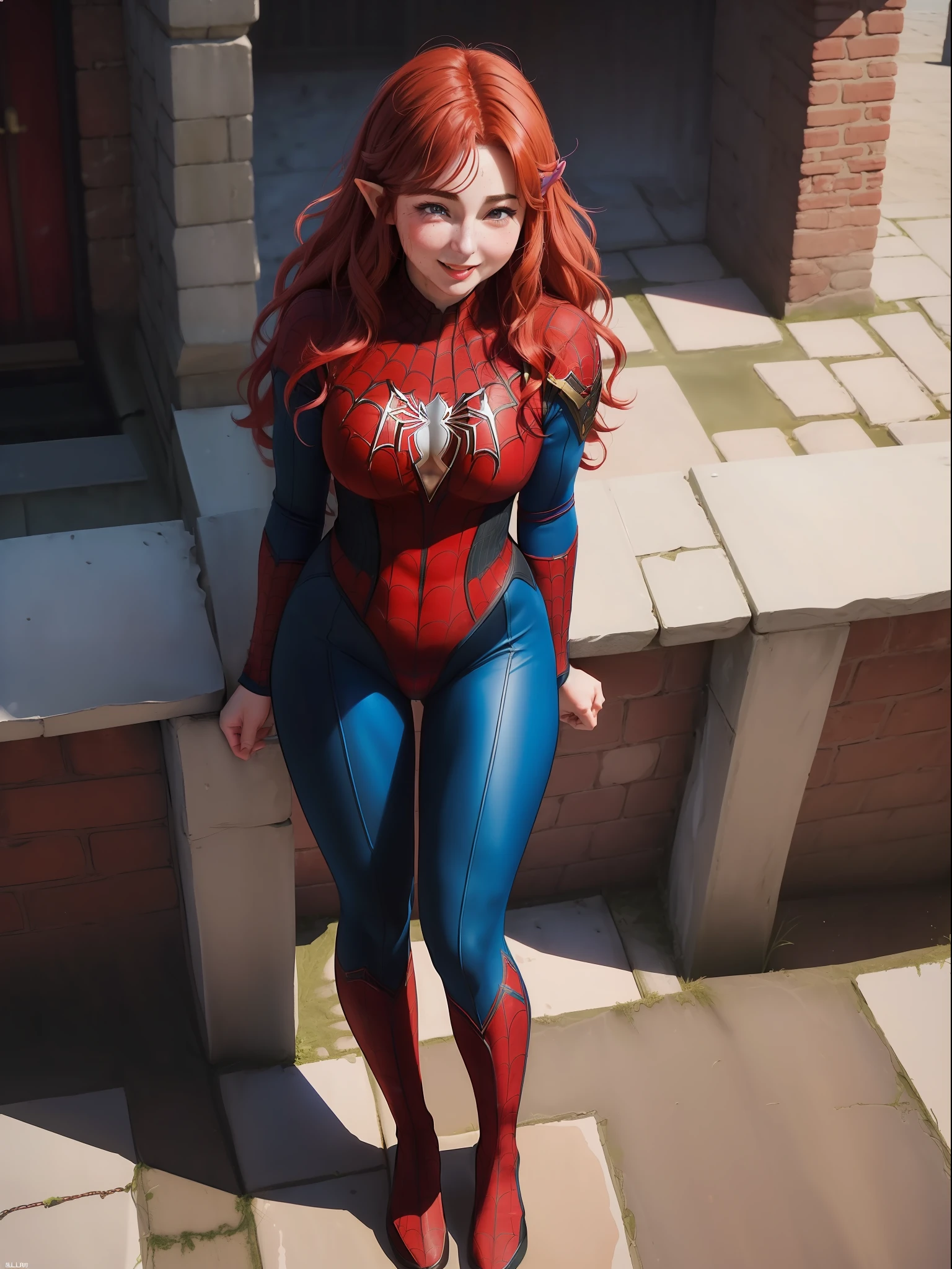 (Full body photo:2.0), (An 18-year-old Elven girl:1.5), (she has absurdly large breasts:1.5), (she's wearing the Spider-Man costume:1.5), (She's at the top of the Tower of London:1.5), (she's doing sexy poses:1.5), (she's wearing an extremely tight body suit/very short and small outfit:1.5), (she has red hair:1.3), (she has blue eyes:1.3), (She's happy to the extreme/reddened cheeks:1.5),, anime, Realism, 16k, best quality, high details, UHD, masterpiece