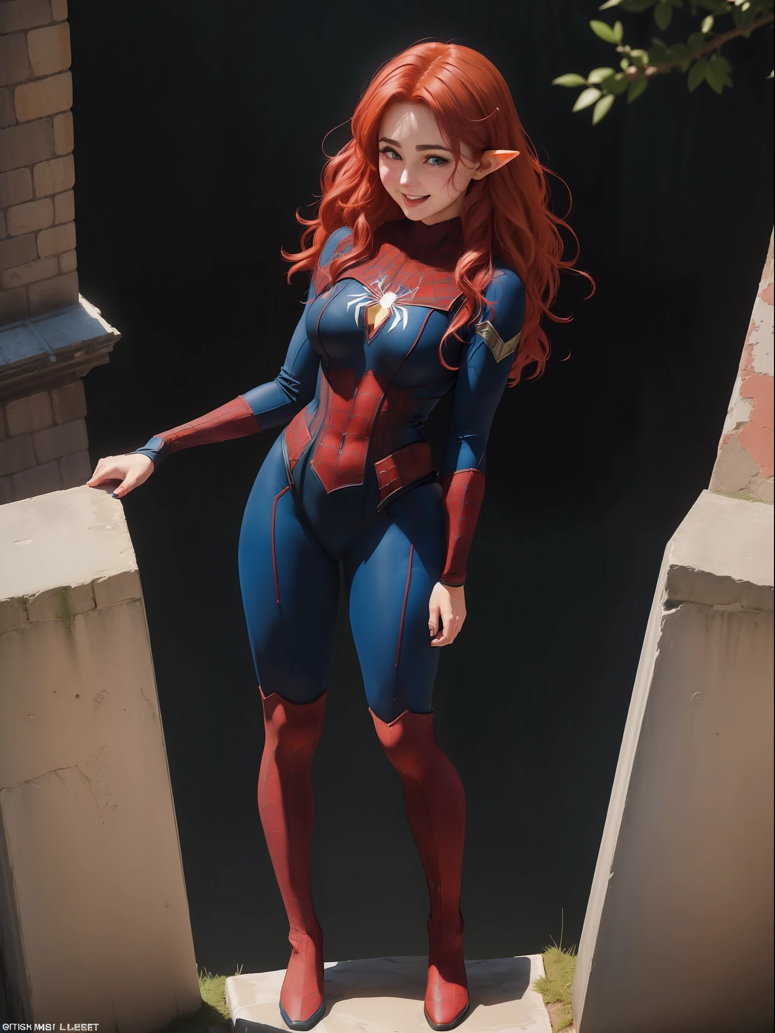 (Full body photo:2.0), (An 18-year-old Elven girl:1.5), (she has absurdly large breasts:1.5), (she's wearing the Spider-Man costume:1.5), (She's at the top of the Tower of London:1.5), (she's doing sexy poses:1.5), (she's wearing an extremely tight body suit/very short and small outfit:1.5), (she has red hair:1.3), (she has blue eyes:1.3), (She's happy to the extreme/reddened cheeks:1.5),, anime, Realism, 16k, best quality, high details, UHD, masterpiece