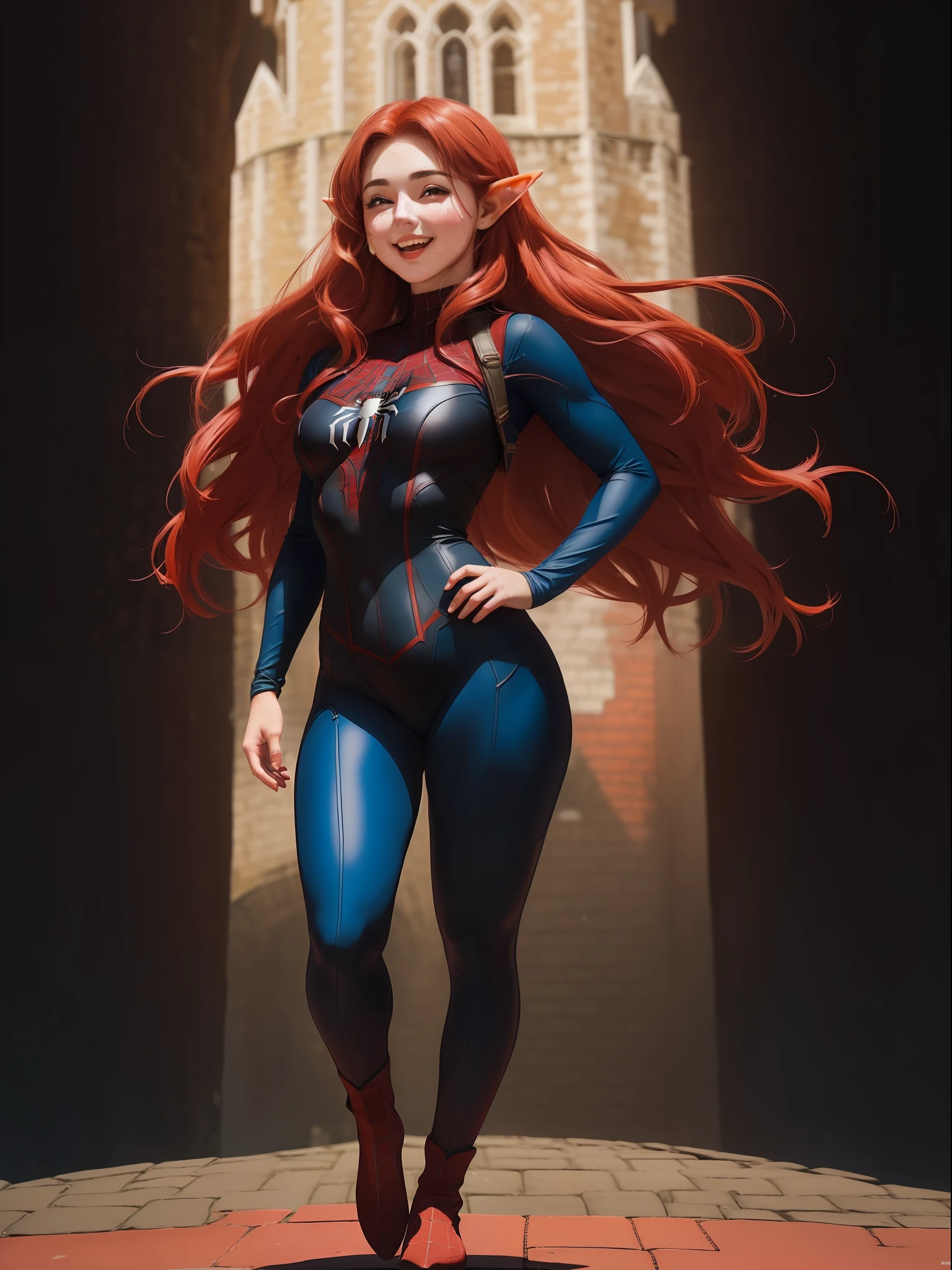 (Full body photo:2.0), (An 18-year-old Elven girl:1.5), (she has absurdly large breasts:1.5), (she's wearing the Spider-Man costume:1.5), (She's at the top of the Tower of London:1.5), (she's doing sexy poses:1.5), (she's wearing an extremely tight body suit/very short and small outfit:1.5), (she has red hair:1.3), (she has blue eyes:1.3), (She's happy to the extreme/reddened cheeks:1.5),, anime, Realism, 16k, best quality, high details, UHD, masterpiece
