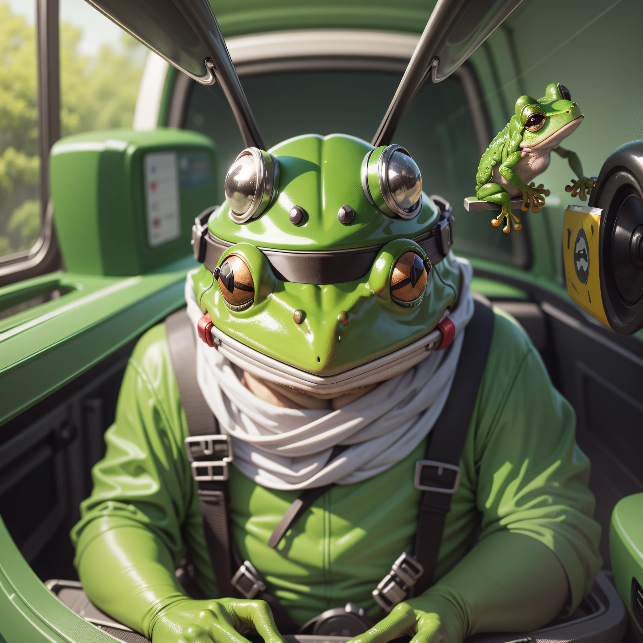 cry the image of a frog with a helmet on his head and driving a picture. the image should be made like a cartoon. --auto --s2