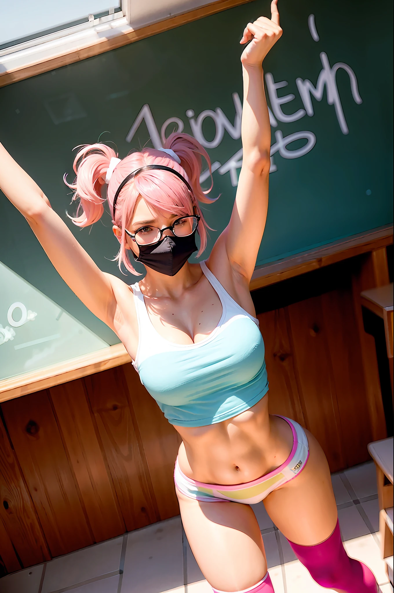 (((glasses))), 1girl, solo, bright pupils, turquoise eyes, y eyes, air bangs, (((pink hair, light pink hair, light hair, short hair, bob hair))), (freckles:0), (large brea), naughty expression, pale skin, thighs open, seductive face, naughty face, (((white top, denim shorts))), boobs expostriped thighhighs, High heel, parted lips, kpop, (((floating hair))), dynamic pose, slow motion, squint eyes, full body, sidelocks, pov, female focus, ((abs:0.0,mole:0.0)),
School, classroom, court, blackboard, desk, detailed background, sfw:1.8, Sunshine,