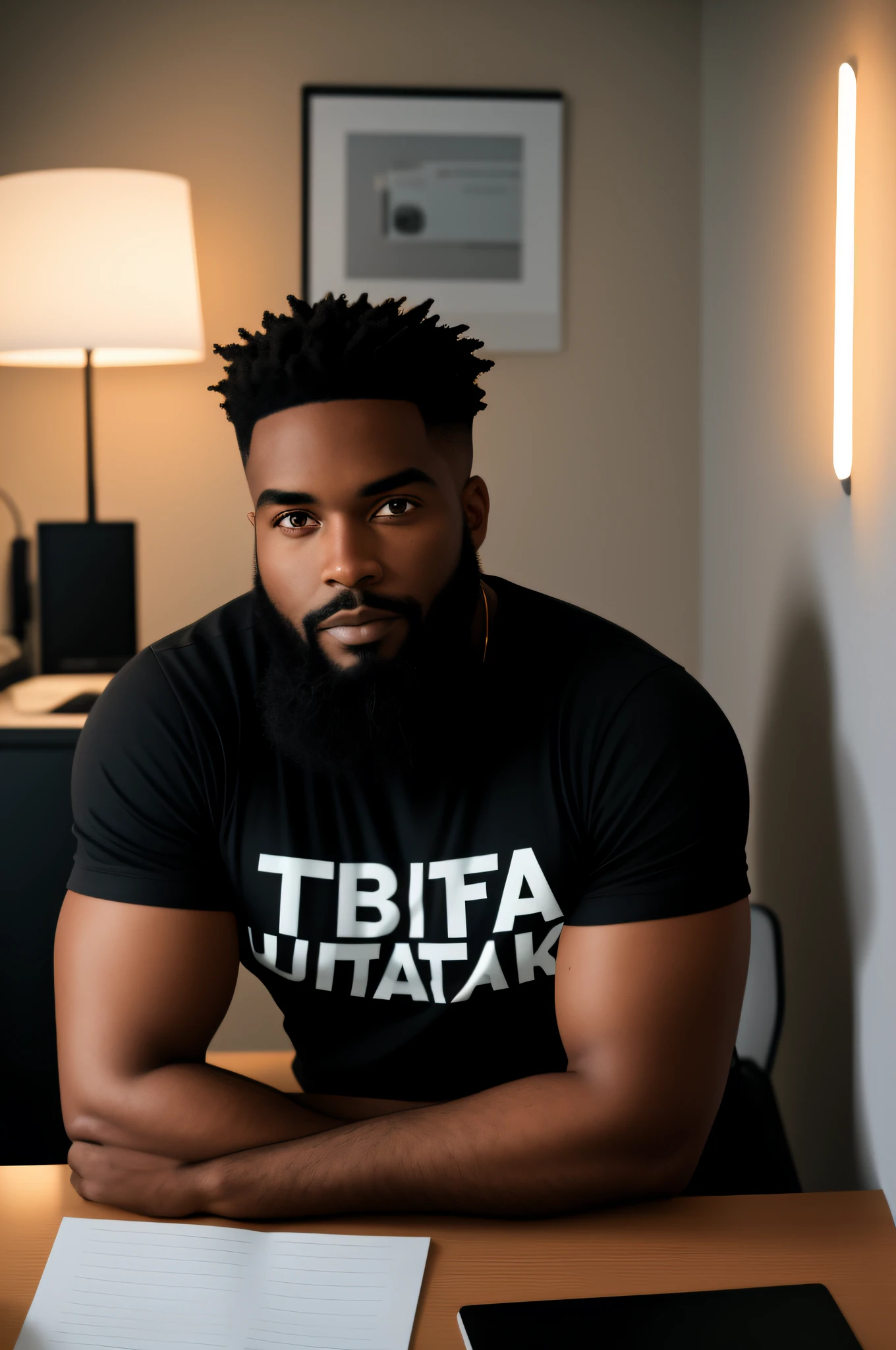 Realistic black man, 28 years with a short beard, short hair sitting next to the computer, room with good lighting (neon light), t-shirt, in his room at night, masterpiece, ulta-realistic, high quality, professional photography, edited, centralized,