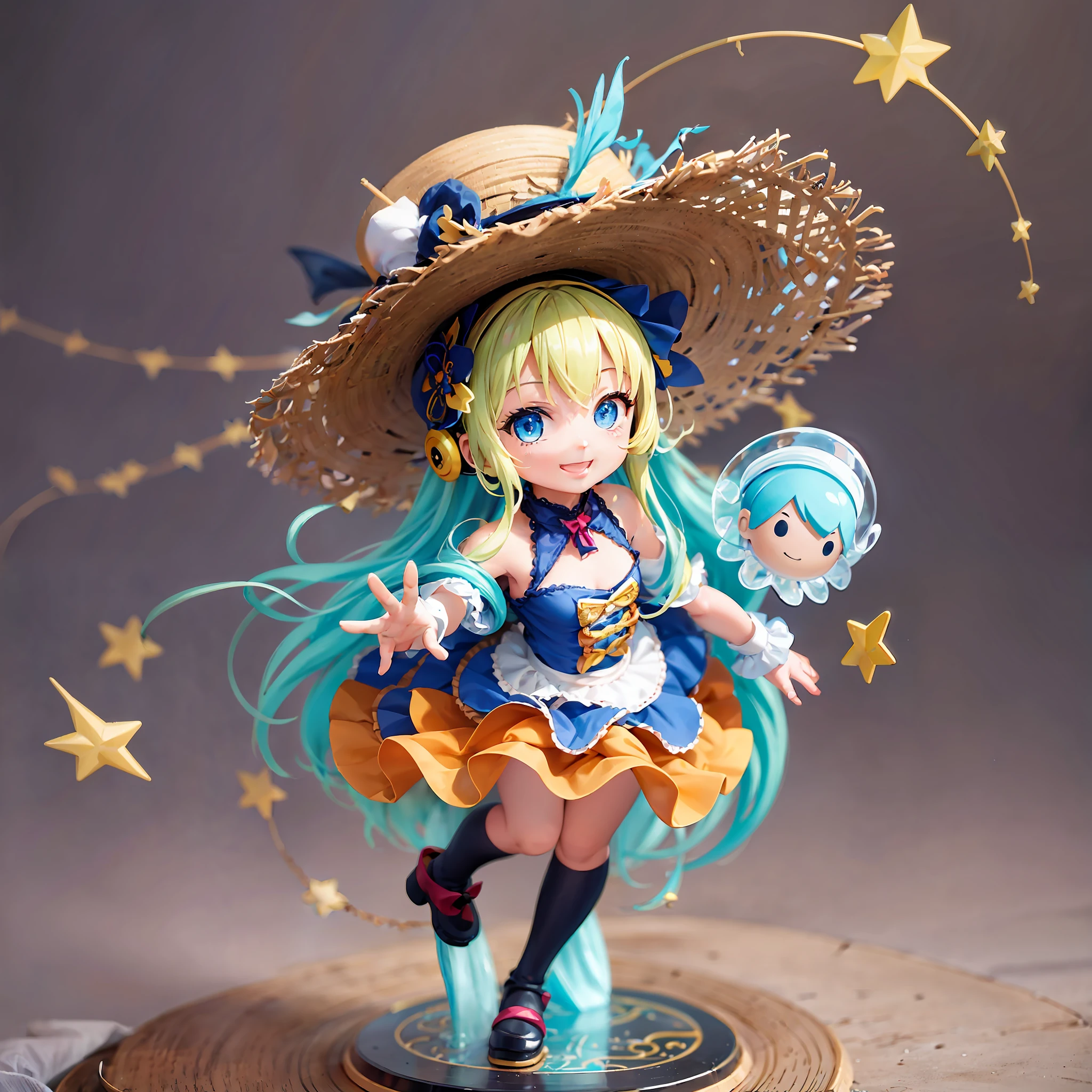 Long shot, doll dressed in flight, doll wearing one piece and straw hat, photo of PIXIV contest winner, pop-up parade figure, Good Smile Company anime style, jellyfish, anime figure, Good Smile Company fantasy