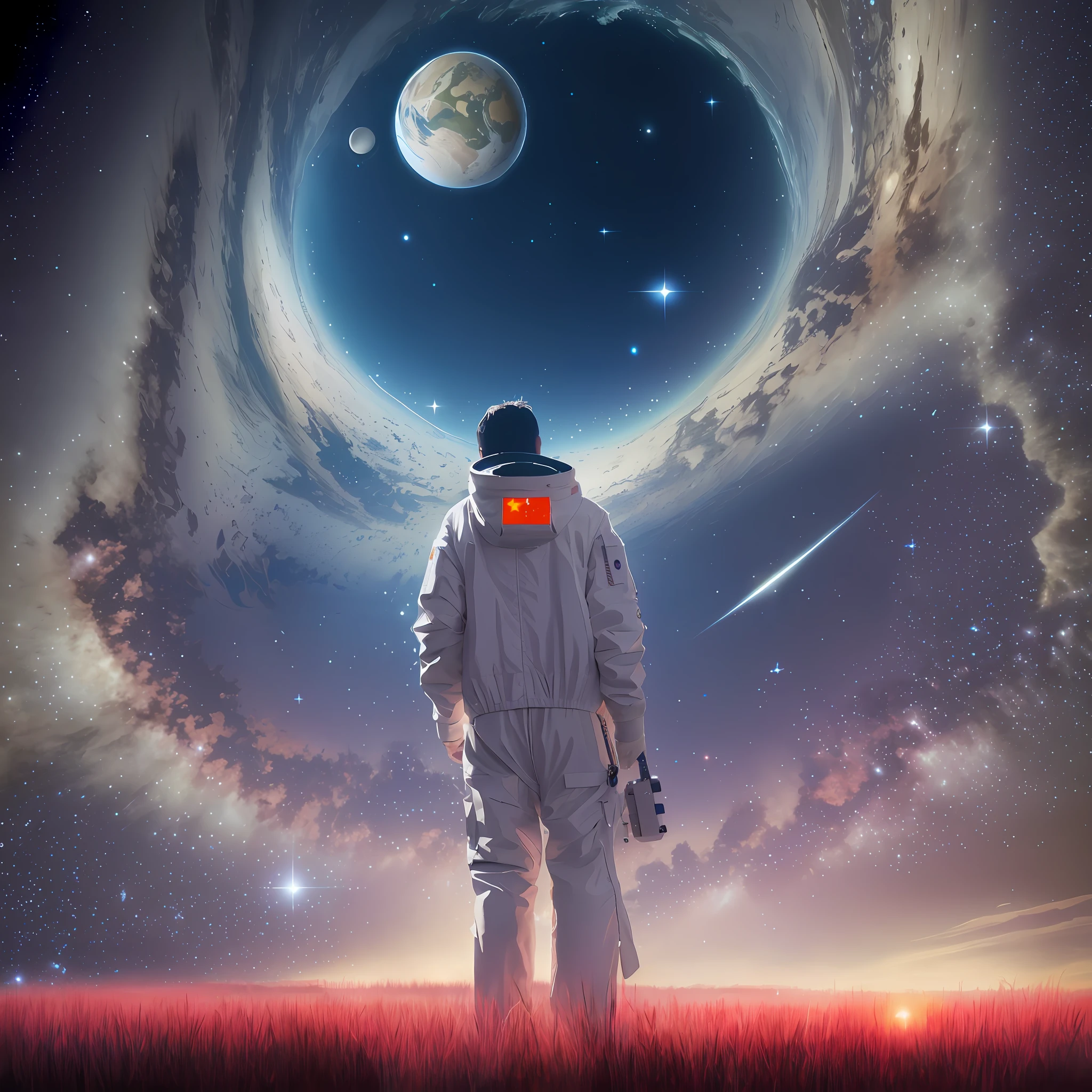 Astronaut standing in field in white spacesuit, can see the earth, astronaut lost in extreme space, looking at space, standing in outer space, gateway to outer space, endless universe in the background, astronauts standing and watching, lonely astronaut, surreal space, looking at the universe, inspired by Cyril Rolando, fantasy space The clothes are printed with a five-star red flag