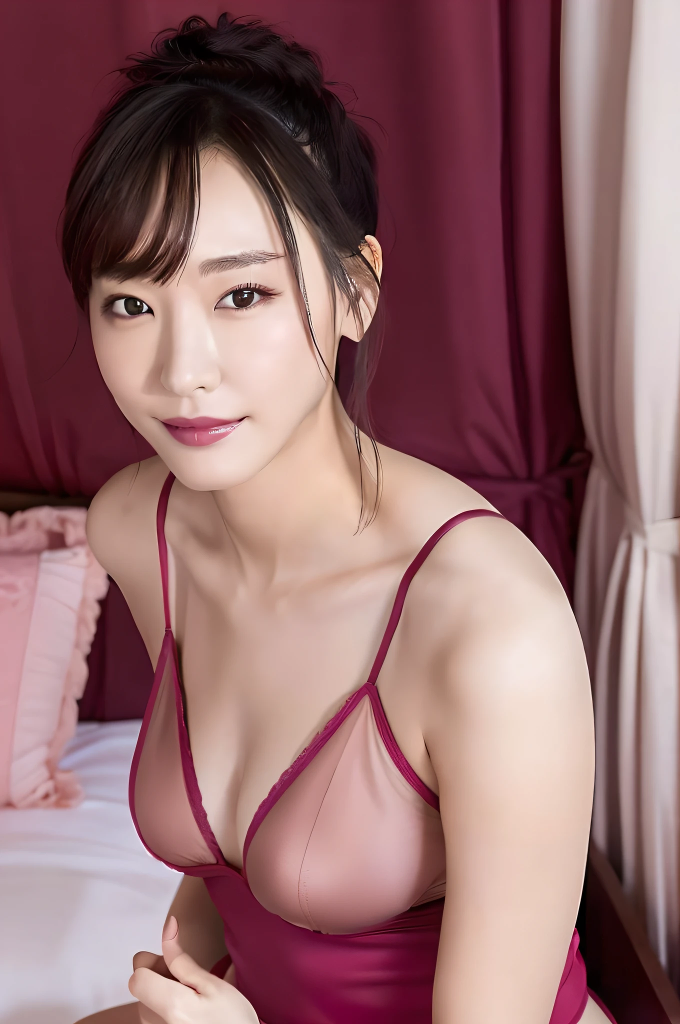 Gentle and attractive Chinese beautiful woman, upper body photo, exquisite and sexy collarbone, attractive oval face, double eyelids, smart peach blossom eyes, pink lips, small nose, bare shoulders, focused face, face close-up, ultra high definition, super detail, elegant standing posture, blue thin jacket with white top and casual cropped pants, It looks really intelligent, elegant and very fashionable, micro bikini, (((Big: 1.5)), cleavage, doggy breasts, bright red lingerie, see-through lingerie, sexy lingerie, high-cut panties, the tips of the are protruding, the areola protrudes, ((the shape of the pubic area is clearly visible: 1.2)), professional writing, Sexy pose, slim figure, not wearing anything but underwear, ((M-shaped legs spread with hands folded behind the back on the bed))