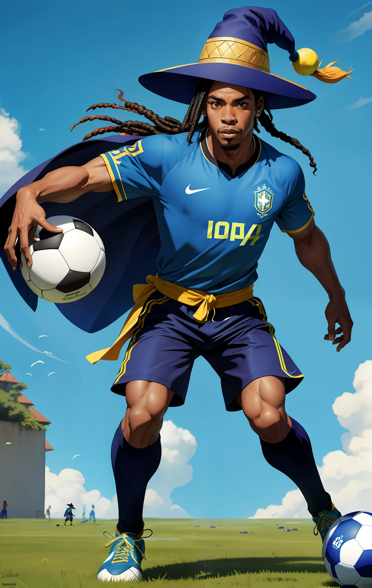 Ronaldinho gaucho full body, wearing a wizard's hat, shirt of the Brazilian team, doing magic with several soccer balls.