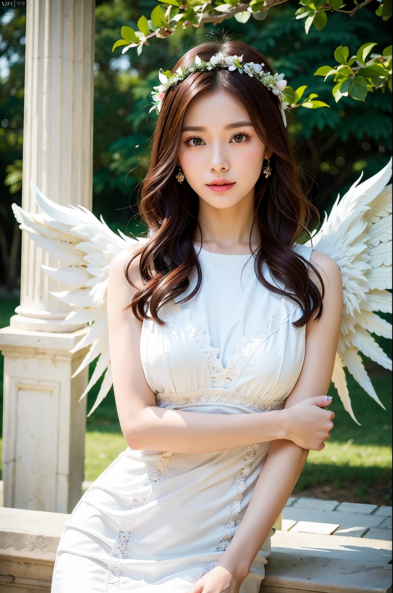 Dressed up with winged cute angel, wearing a beautiful garland on the head, symmetrical white feather material simulation of huge wings, exquisite details, portraits, breasts, outdoors, ancient buildings, tall stone pillars, stone railings, a 25-year-old woman named TaiXia in the ancient castle: 2, eyes looking at the camera, sideways to the camera, natural expression, posture not stiff, curly wavy long hair, white dress long dress, the same character, various poses, different angles, rich skin details: 1.5,