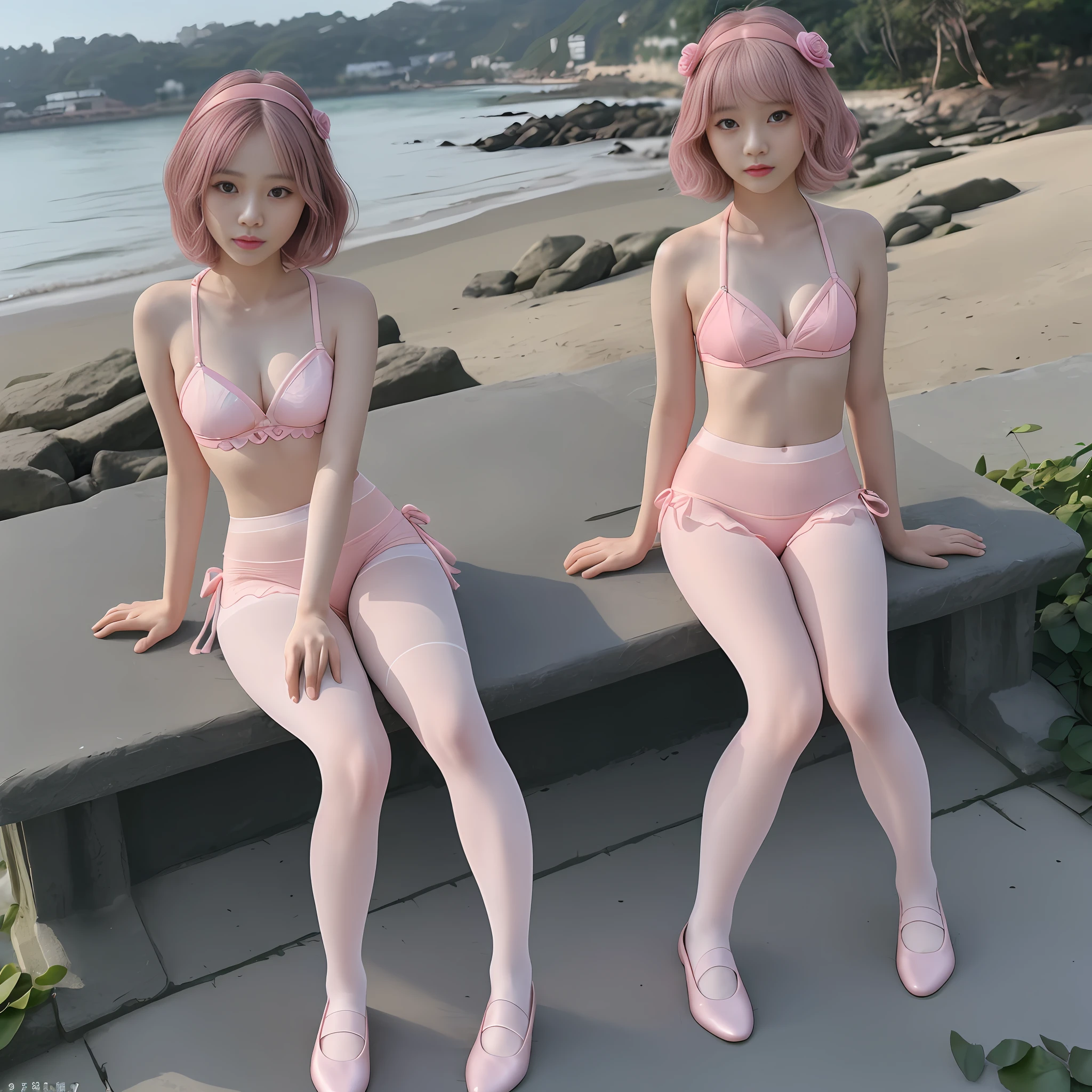 杰作级别的，最高画质，小萝莉，，(pink bikini:1.2),slipper，双马尾,sitting on ground,beach,全身，((萌态十足,cute))，性感，蓝色长发，大胸部,超透视，(thighband pantyhose,pink pantyhose:1.3)，,,((textured skin, anatomically correct, masterpiece, UHD, ccurate, high details, super detail, high quality, best quality, highres, 1080P)),outdoors,(，皮肤光泽，皮肤质量,full body:1.6)(14 years old:1.3), (Loli), (Fair Skin, (Beautiful Girl: 1.5), (Skin Quality: 1.5), (Glossy Skin: 1.3), (Beautiful Girl), (Superb Body), Short Hair, (Straight Hair), ((rose Hair)), Hair with Beautiful Details,柔和光，