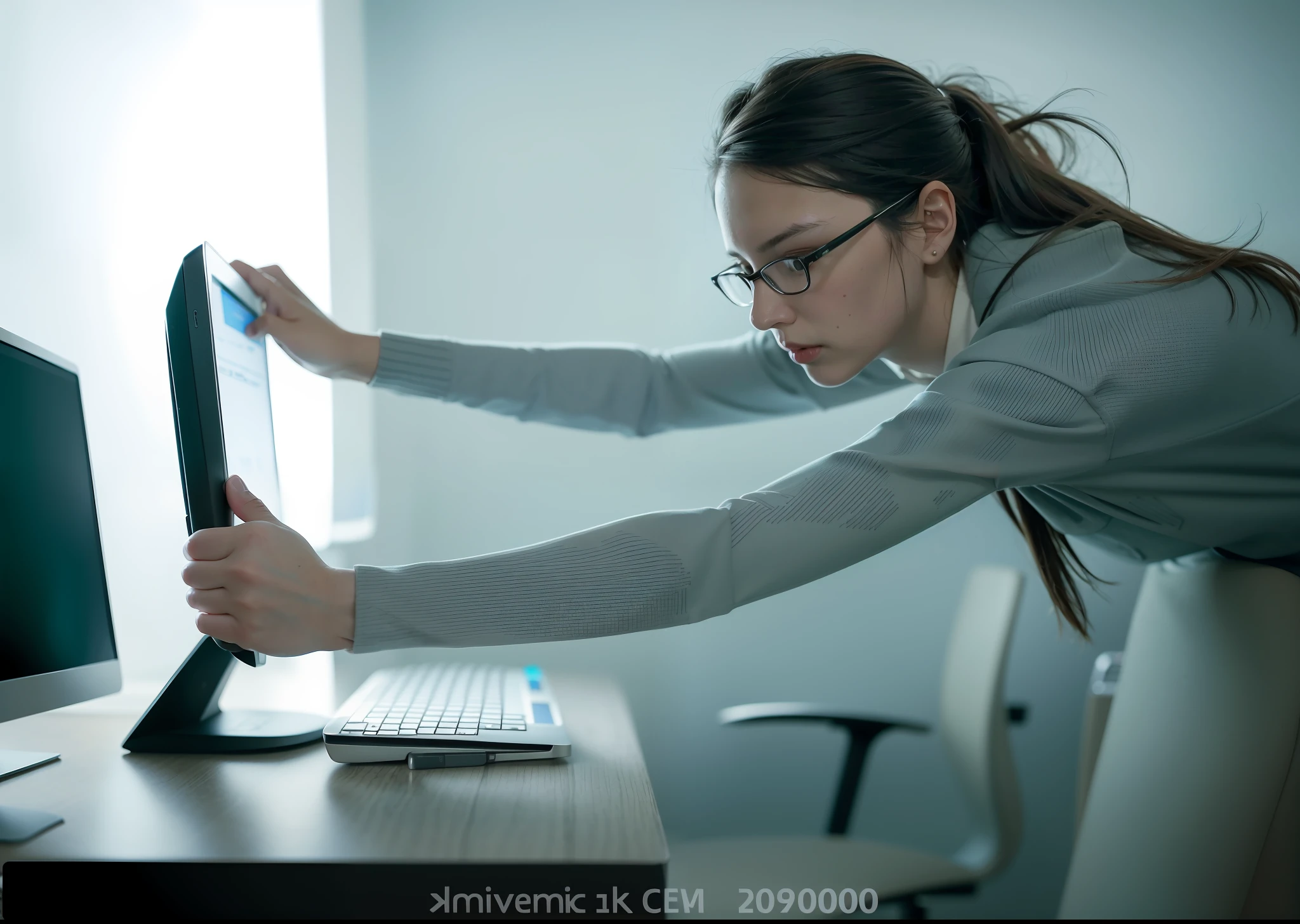 a woman in glasses is leaning over a computer keyboard, in front of a computer, looking at monitor, sitting in front of computer, sitting at a computer, sitting at a computer desk, crazy hacker girl, in front of the internet, in an action pose, computer nerd, sitting at desk at keyboard, confident action pose, dynamic action shot